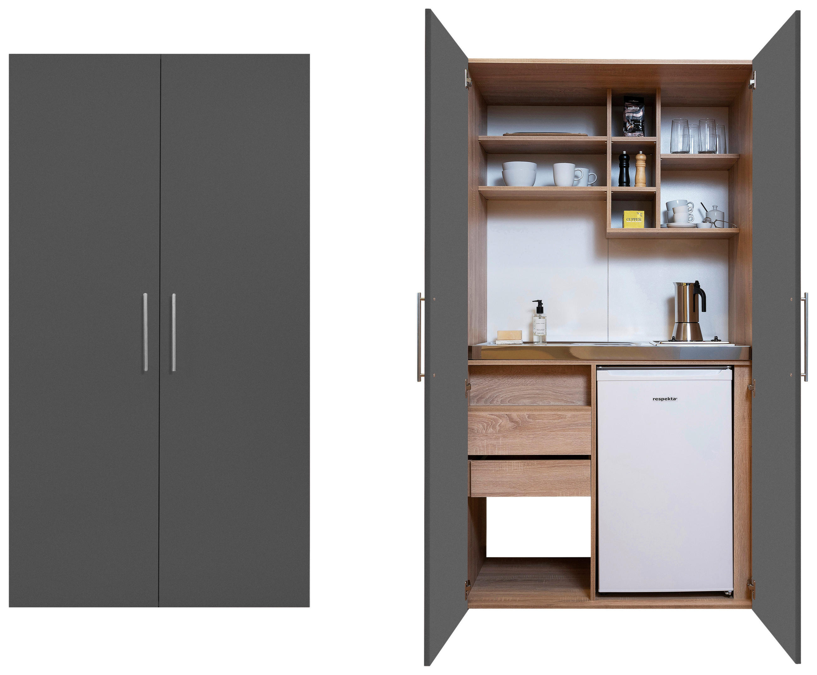 SCHRANKKÜCHE  104/193/67 cm  in Grau, Eichefarben  - Edelstahlfarben/Eichefarben, KONVENTIONELL, Holzwerkstoff/Metall (104/193/67cm) - Respekta