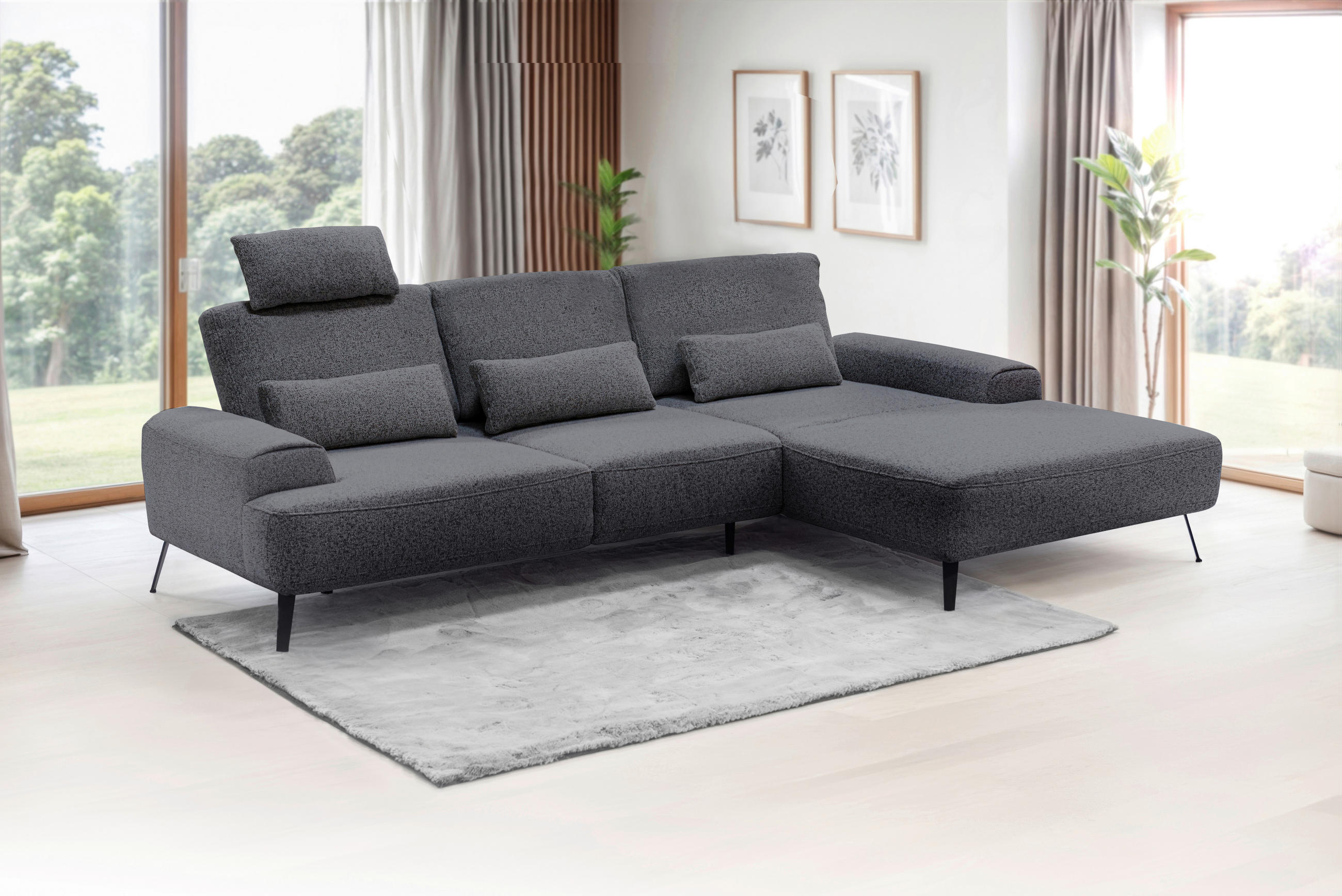 ECKSOFA Astoria Dunkelgrau Flachgewebe  - Dunkelgrau/Schwarz, Design, Textil/Metall (305/178cm) - Livetastic