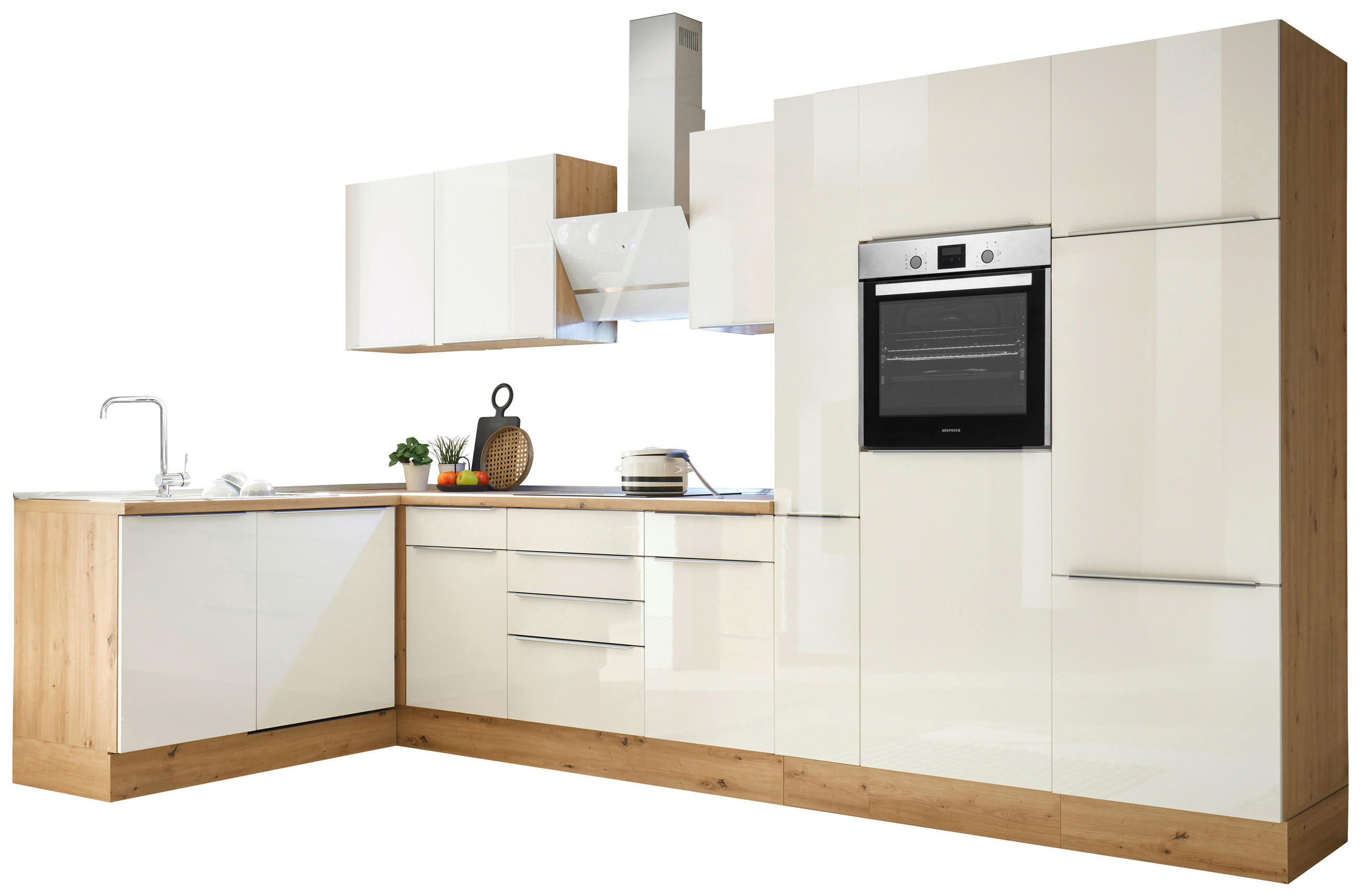 HÖRNKÖK 170/370 cm i ek Artisan, vit högglans - aluminiumfärg/vit högglans, Lifestyle, trämaterial/plast (170/370cm) - Respekta