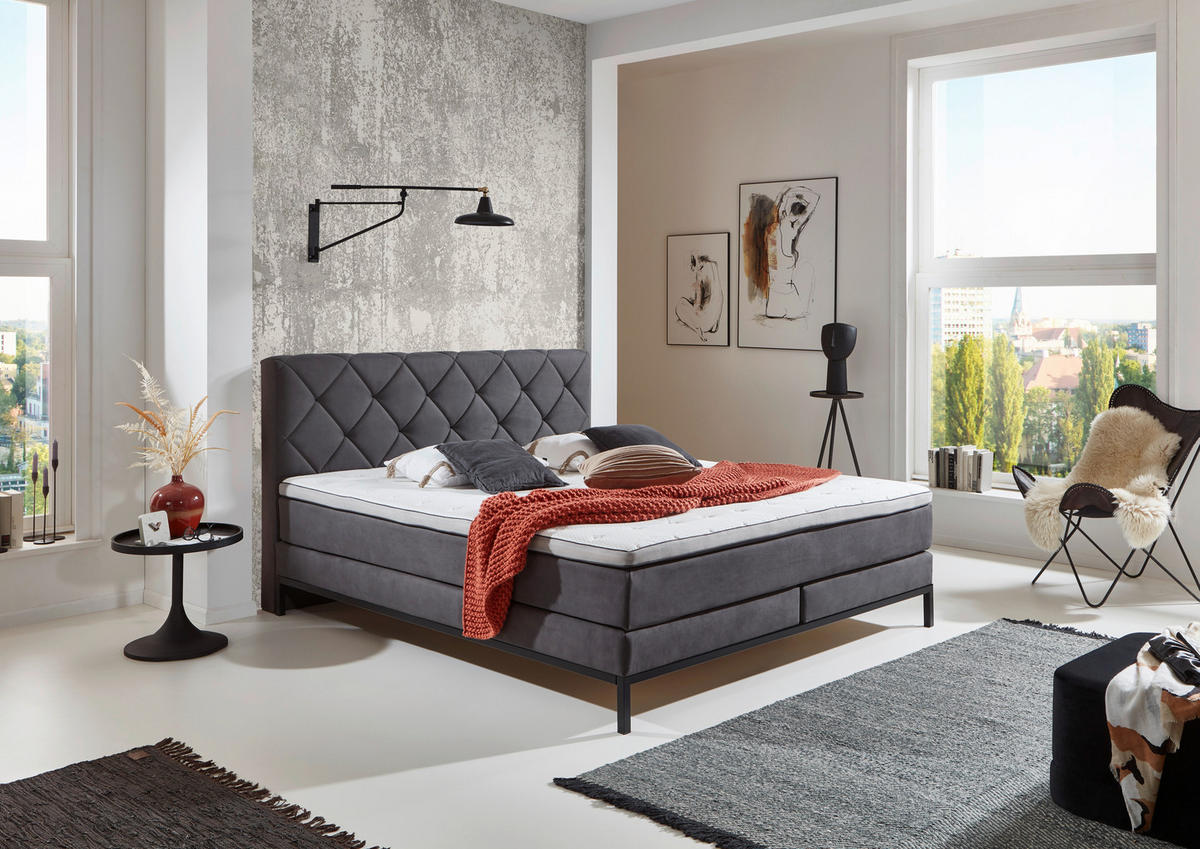 BOXSPRINGBETT 140/200 cm  in Anthrazit  - Anthrazit/Schwarz, Konventionell, Textil/Metall (140/200cm) - Carryhome
