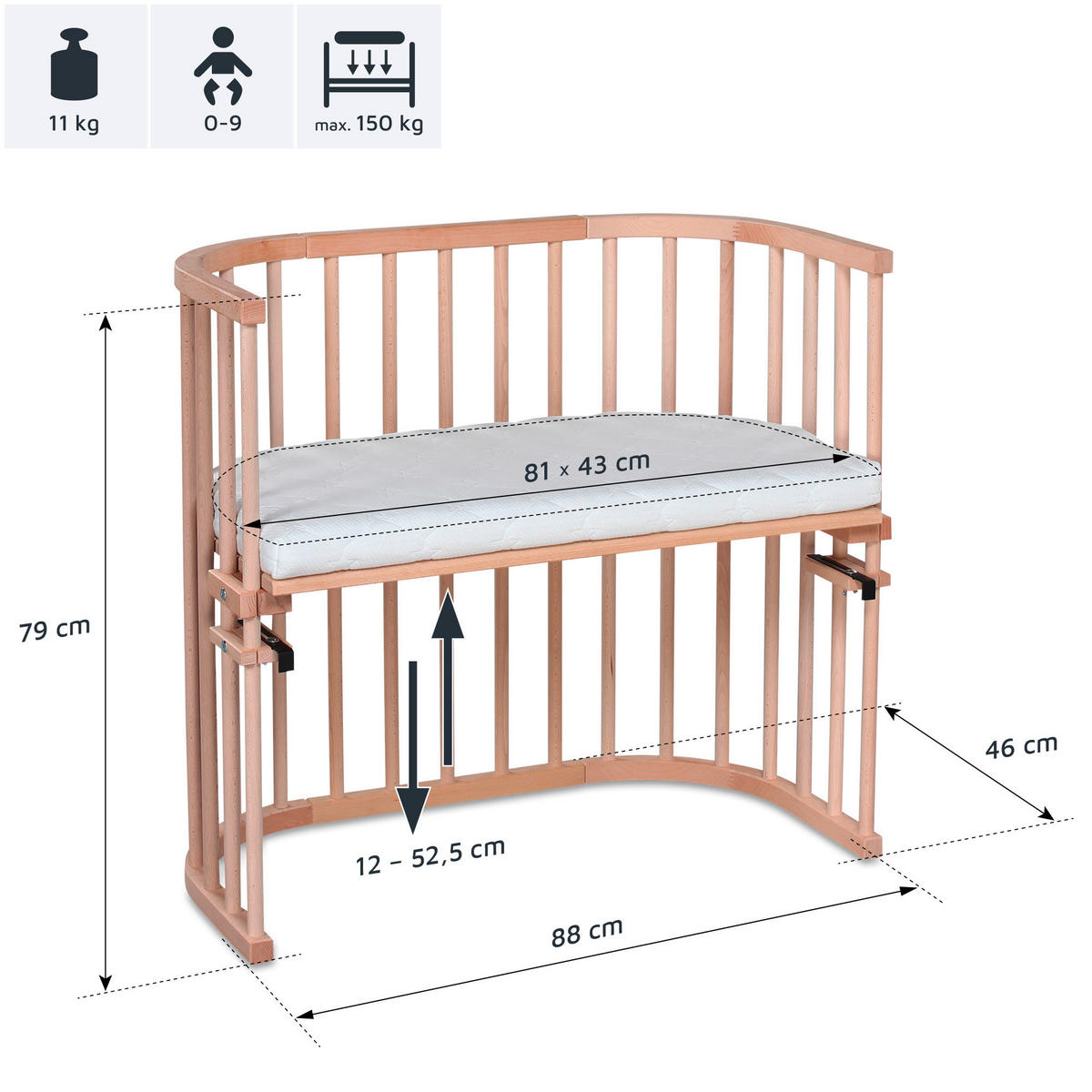 BEISTELLBETT Babybay Original 87/46/79 cm  - Naturfarben, Basics, Holz (87/46/79cm) - Babybay