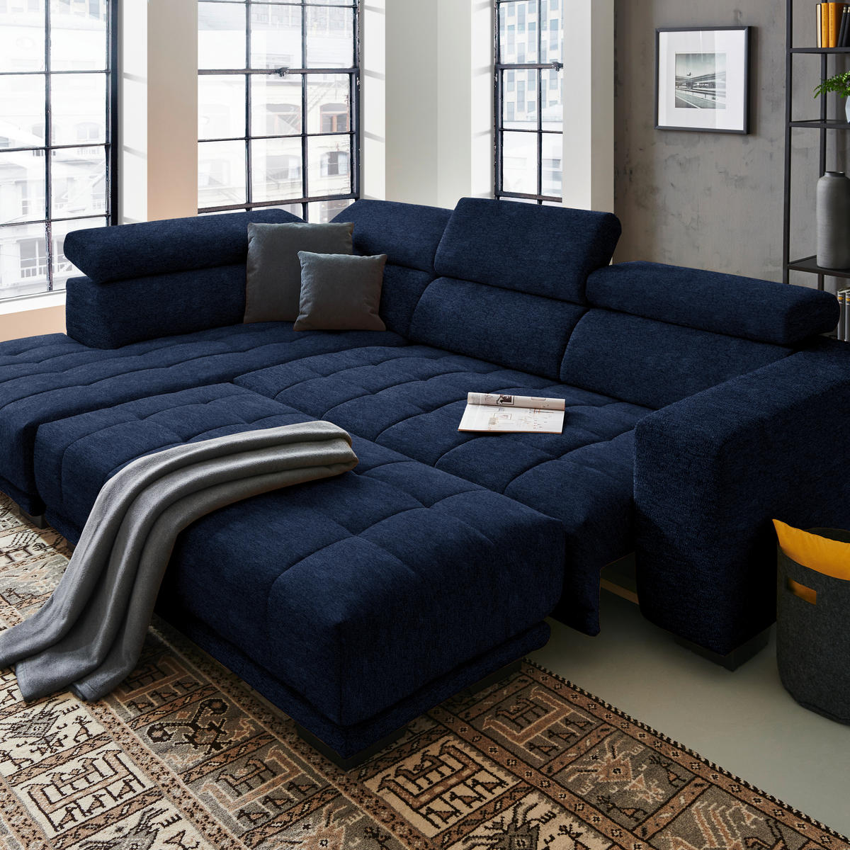 ECKSOFA in Mikrofaser Dunkelblau  207/301 cm  - Schwarz/Dunkelblau, Design, Textil/Metall (207/301cm) - Xora