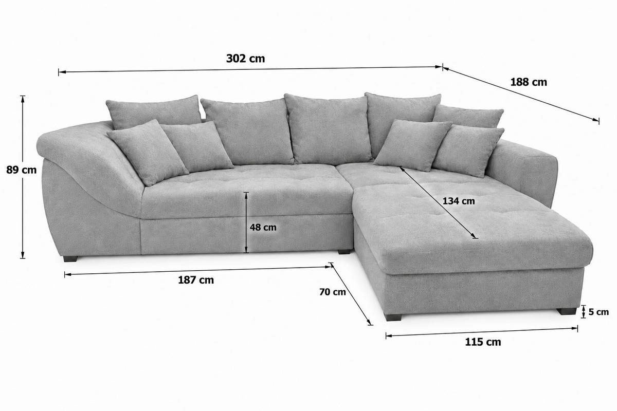 ECKSOFA 302/188 cm LORENZO in Struktur Grau Liegefläche im Originalstoff  302/188 cm  - Schwarz/Grau, Design, Textil/Metall (302/188cm) - P & B