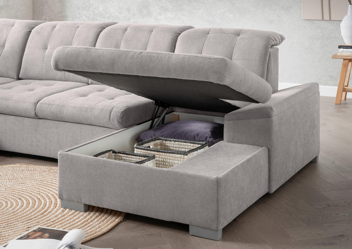 WOHNLANDSCHAFT Grau Chenille  - Chromfarben/Grau, MODERN, Kunststoff/Textil (212/330/169cm) - Livetastic