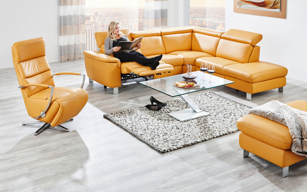 ECKSOFA in Echtleder Gelb  - Gelb/Alufarben, Design, Leder/Metall (271/239cm) - Cantus