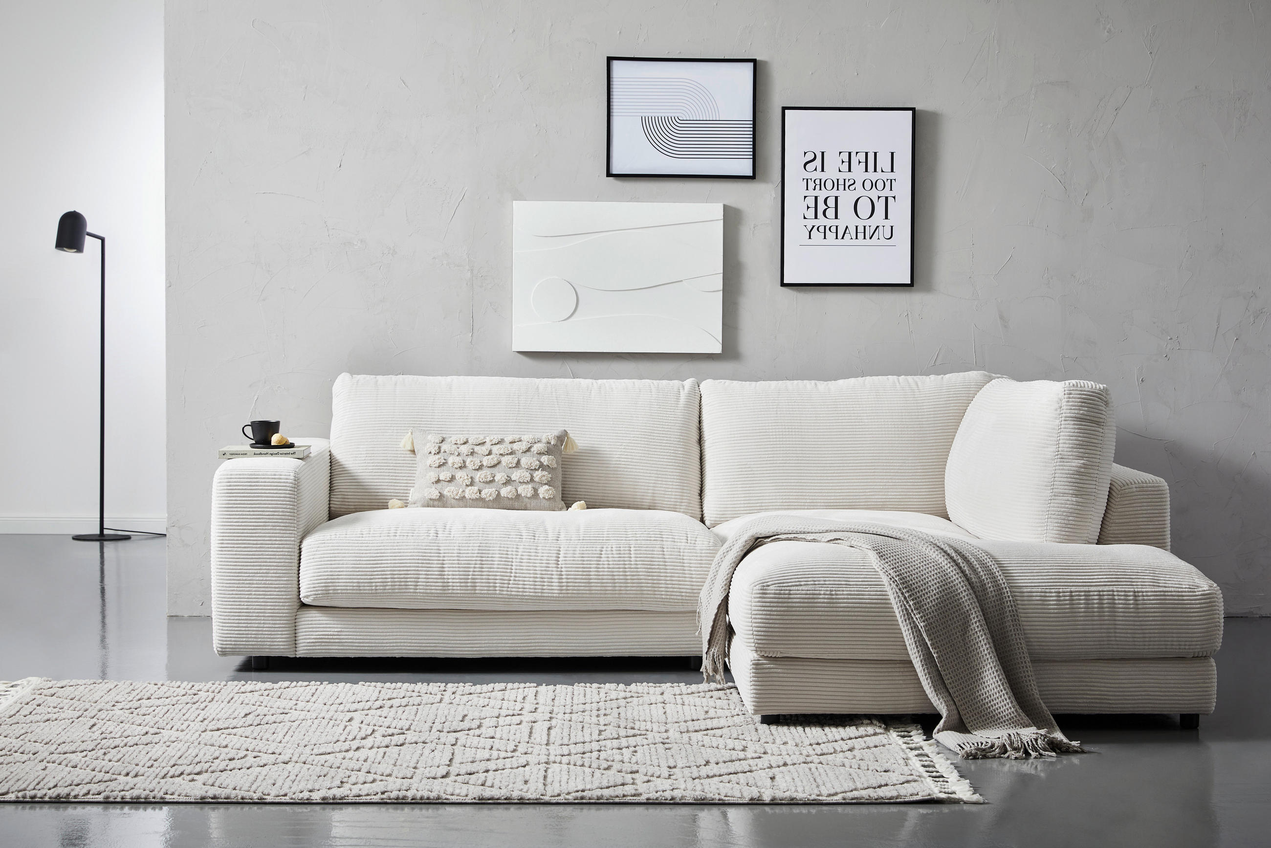 ECKSOFA Weiß Cord  - Schwarz/Weiß, Design, Kunststoff/Textil (265/224cm) - Hom`in