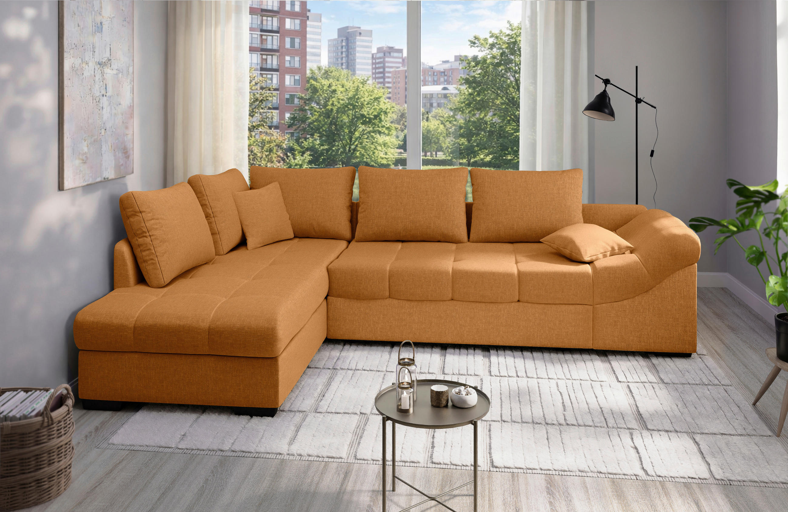 ECKSCHLAFSOFA Alvito in Mikrofaser Goldfarben  - Goldfarben/Schwarz, MODERN, Holz/Textil (202/298cm) - MID.YOU