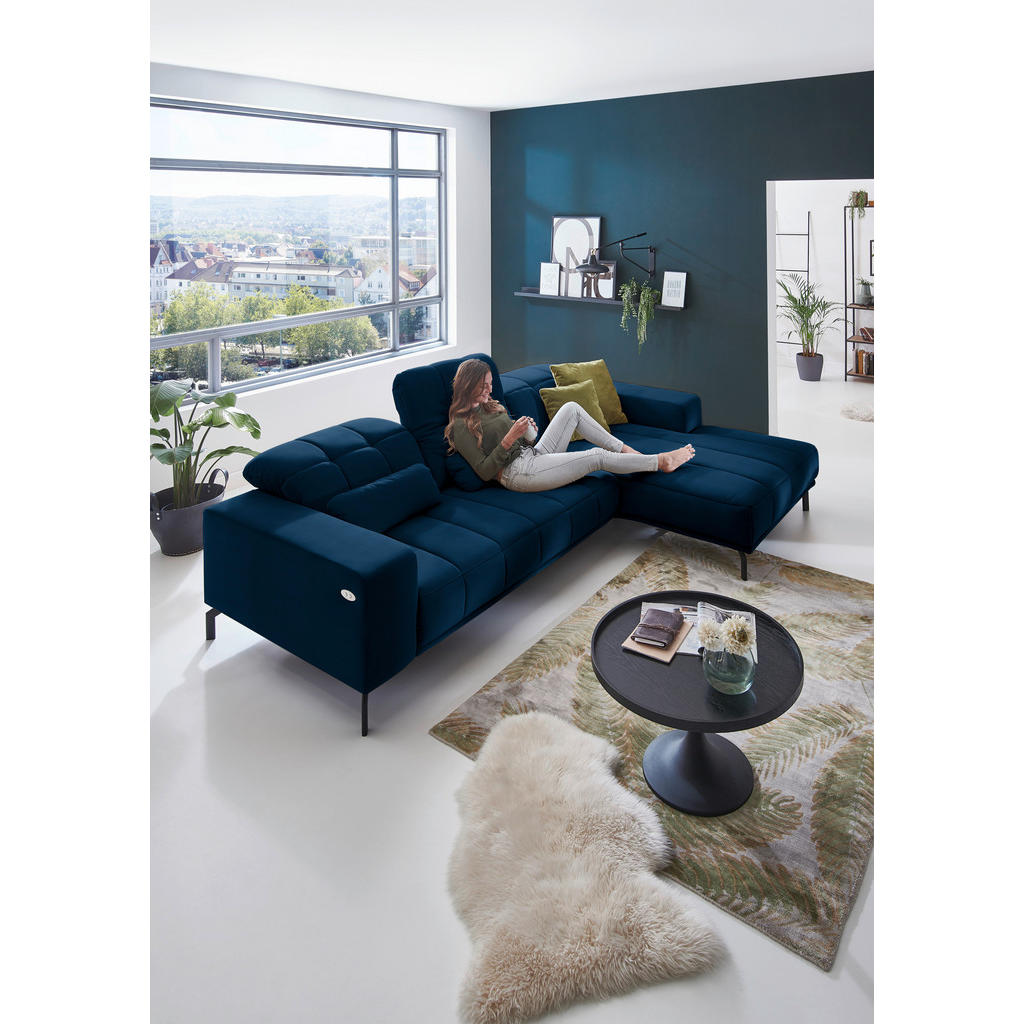 Thumbnail - Beldomo Style Ecksofa, Dunkelblau, Textil, 5-Sitzer, Ottomane rechts, L-Form, 293x195 cm, Goldenes M, Stoffauswahl, seit...