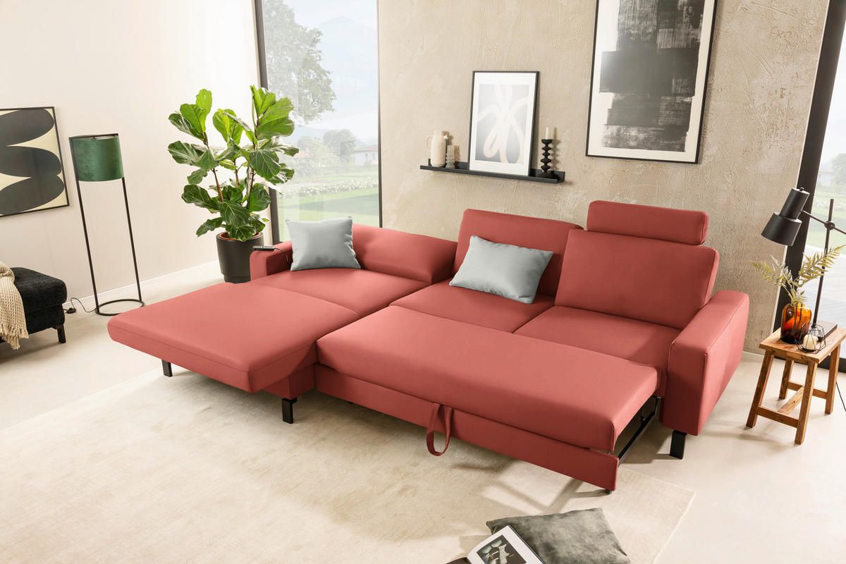 ECKSOFA  in Cord Koralle Rücken echt, Sitztiefenverstellung  185/298 cm  - Koralle/Schwarz, Design, Textil/Metall (185/298cm) - Pure Home Lifestyle