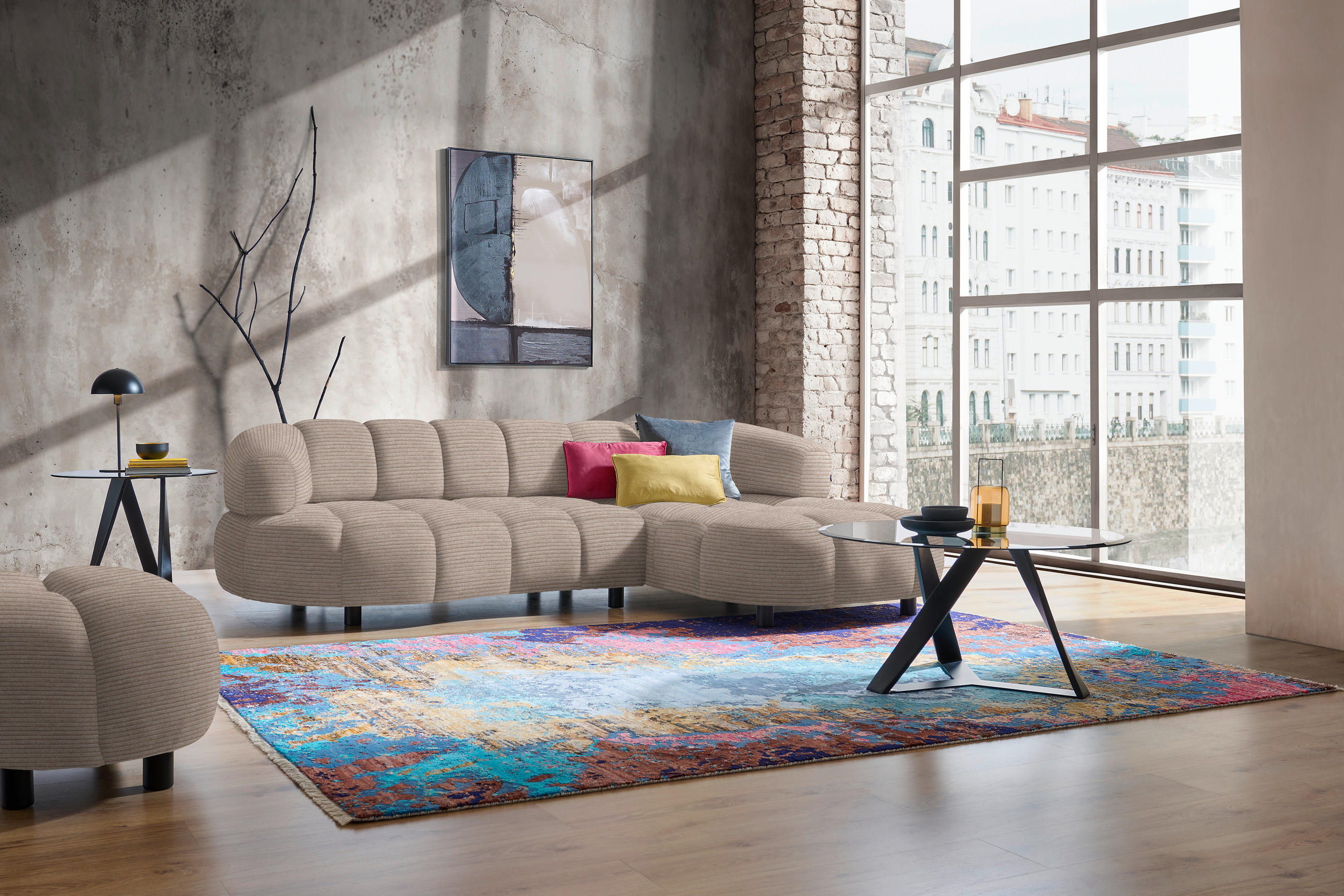 ECKSOFA in Cord, Velours Hellbraun  284/183 cm  - Hellbraun/Schwarz, Design, Holz/Textil (284/183cm) - Welnova
