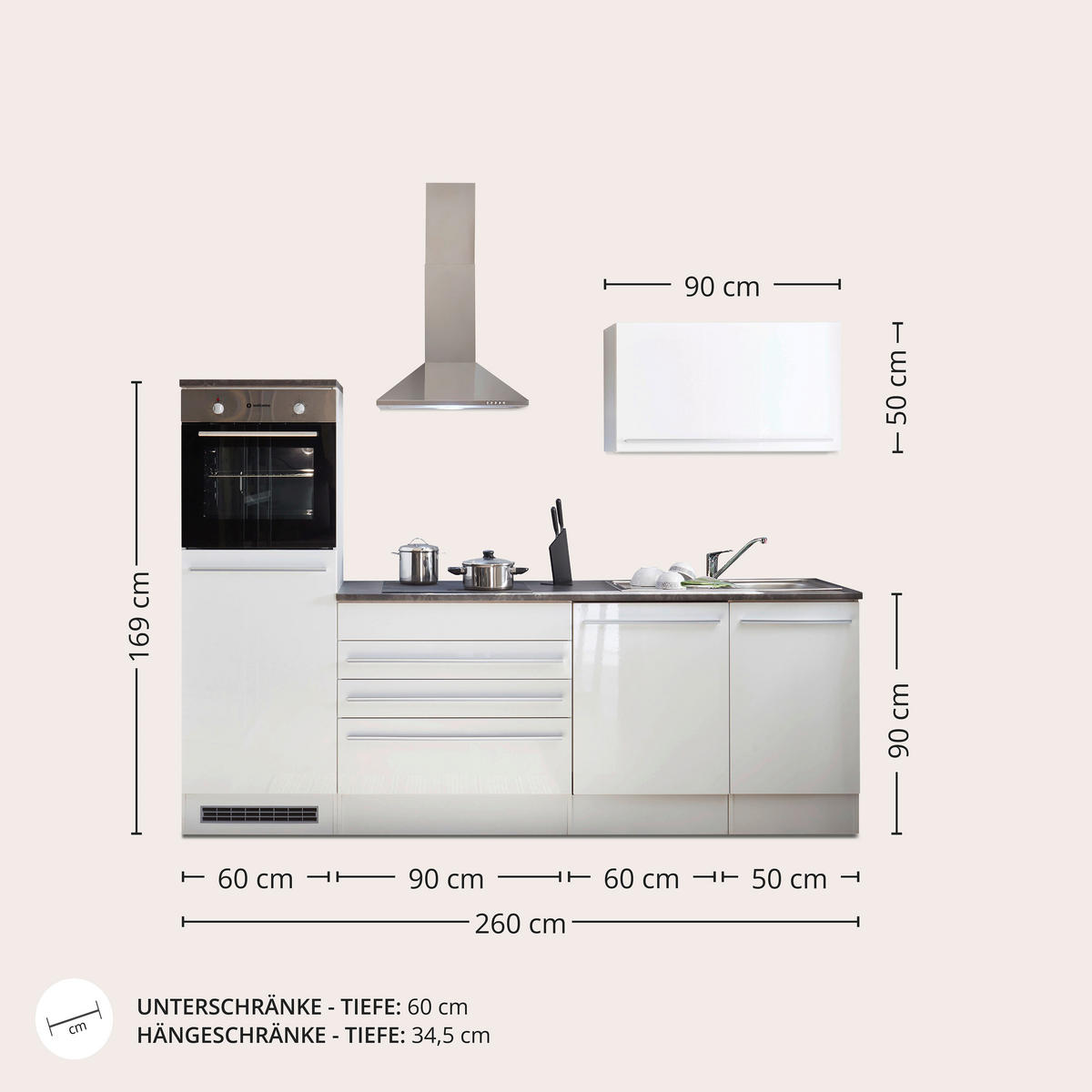 KÜCHENBLOCK 260 cm   in Weiß  - Anthrazit/Silberfarben, LIFESTYLE, Holzwerkstoff/Kunststoff (260cm) - MID.YOU