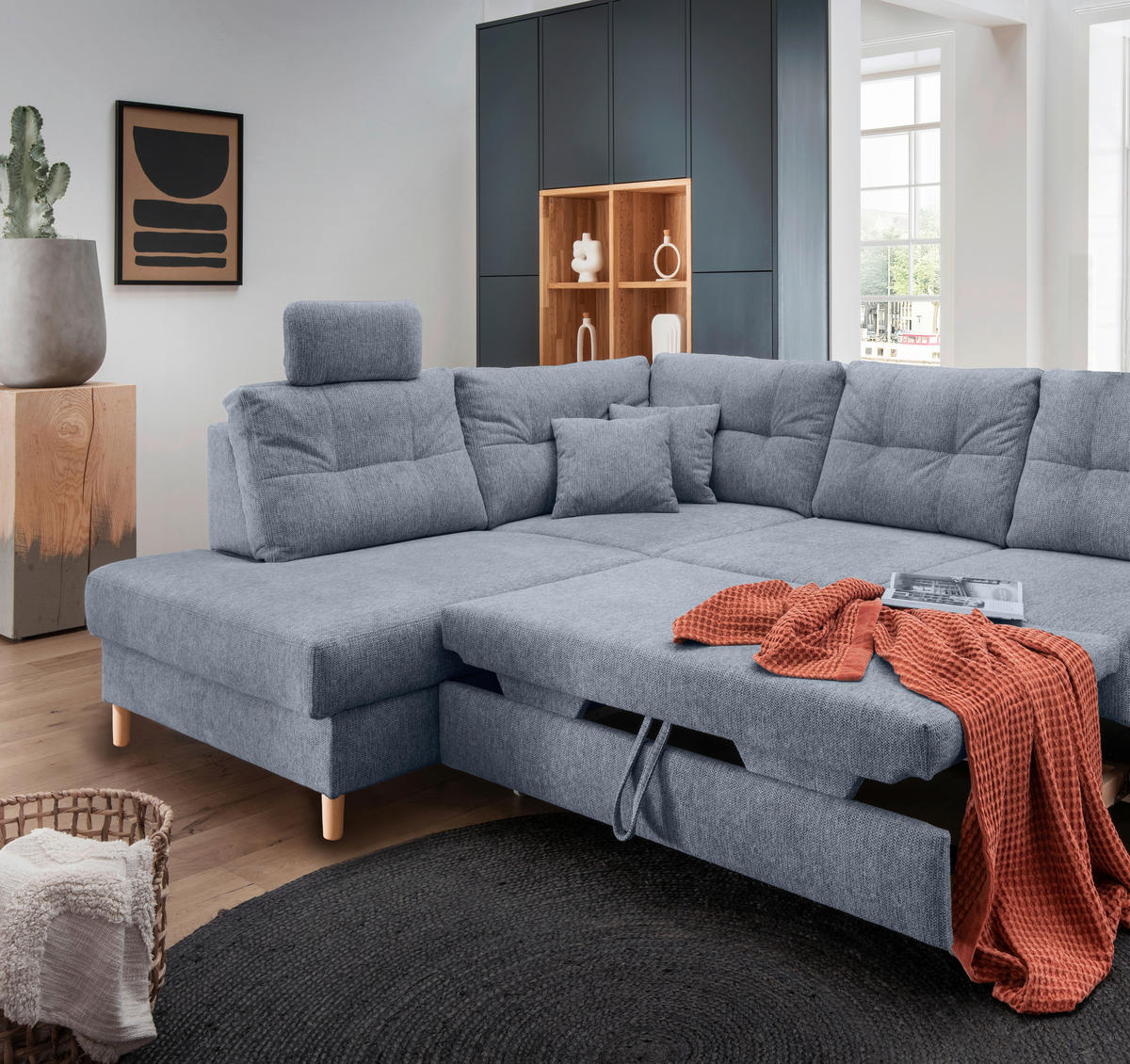 ECKSOFA in Chenille Hellblau  - Naturfarben/Hellblau, Modern, Holz/Textil (206/264cm) - Livetastic
