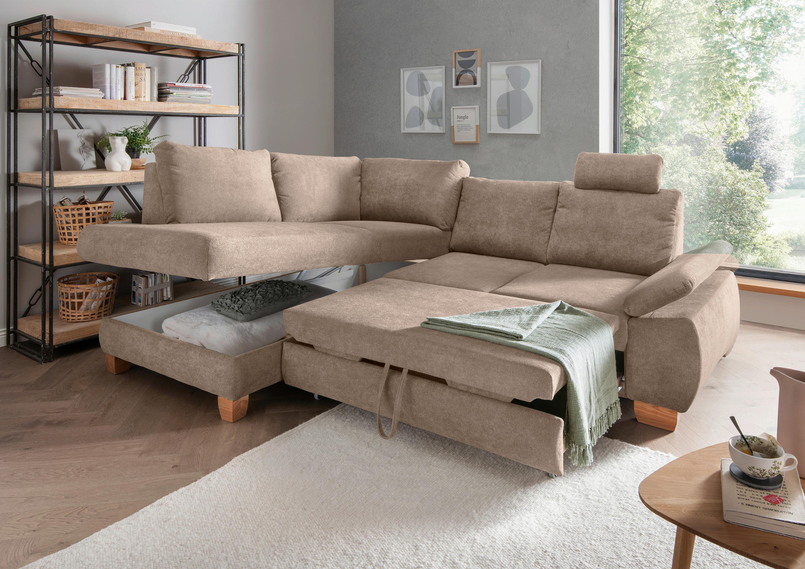 ECKSCHLAFSOFA Chenille Hellbraun  - Wildeiche/Hellbraun, MODERN, Holz/Textil (206/261cm) - Livetastic