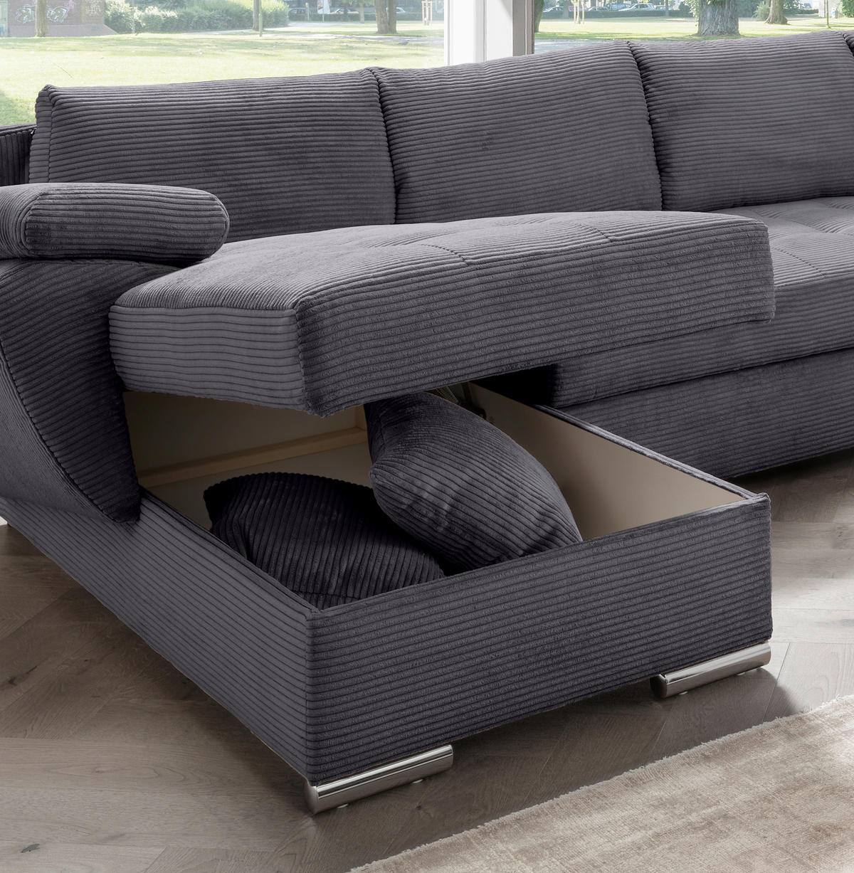 WOHNLANDSCHAFT in Cord Grau  - gris/couleur chromée, Konventionell, textile/métal (157/305/219cm) - Livetastic