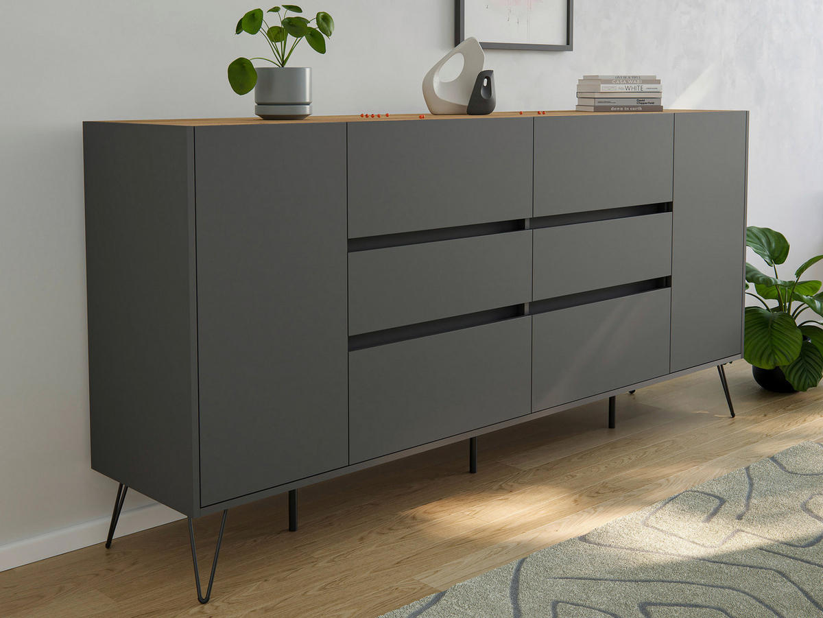 SIDEBOARD Posseik Industrial 199/93,6/42 cm 6 Schublade(n)  - Eichefarben/Graphitfarben, Design, Holzwerkstoff/Metall (199/93,6/42cm) - P & B