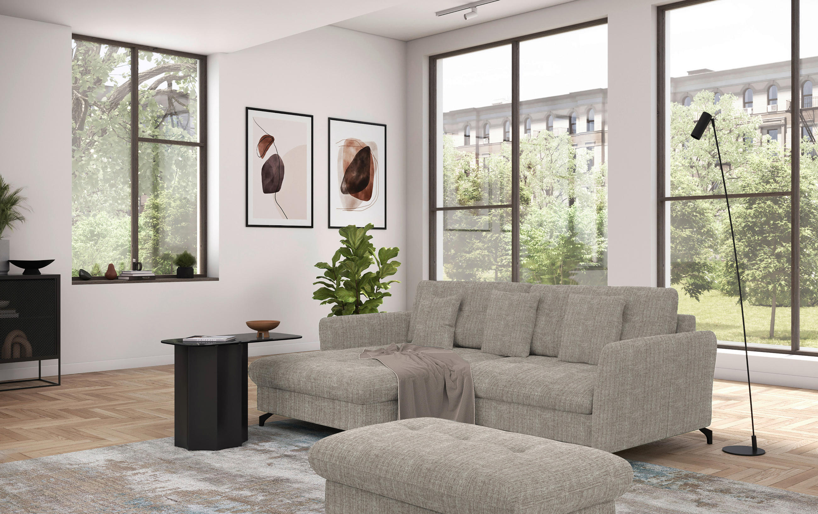 ECKSOFA in Flachgewebe, Leinenoptik Hellbraun  - Hellbraun/Schwarz, Design, Textil/Metall (170/242cm) - Xora