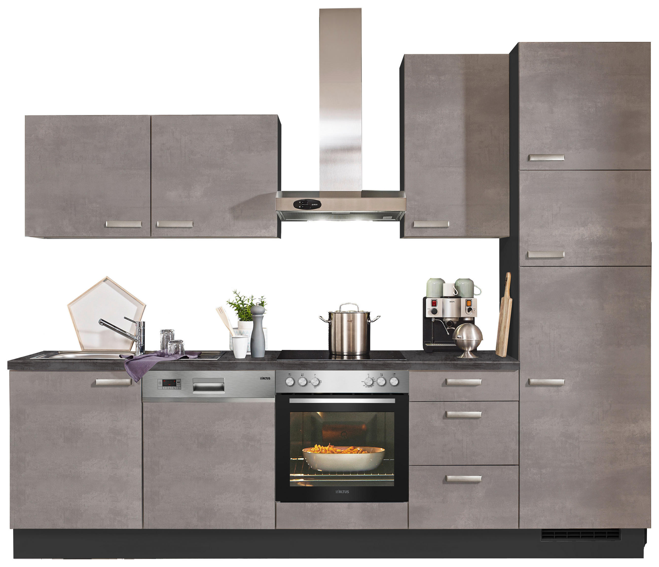 KÜCHENBLOCK 290 cm   in Graphitfarben, Grau  - Edelstahlfarben/Graphitfarben, KONVENTIONELL, Holzwerkstoff/Metall (290cm) - Xora