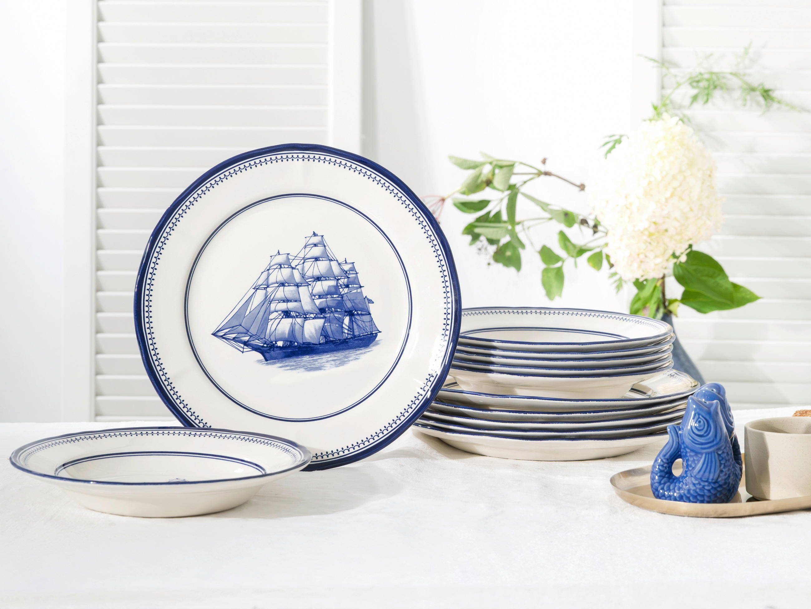TAFELSERVICE Blau, Weiß Segelschiff blau 12-teilig  - Blau/Weiß, Basics, Keramik - Creatable