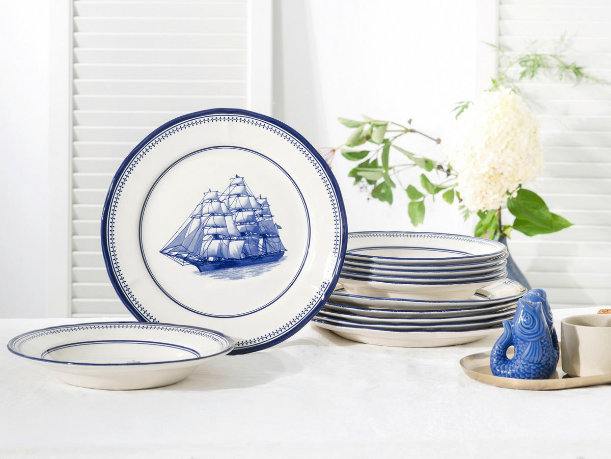 TAFELSERVICE Segelschiff blau 12-teilig  - Blau/Weiß, Basics, Keramik - Creatable