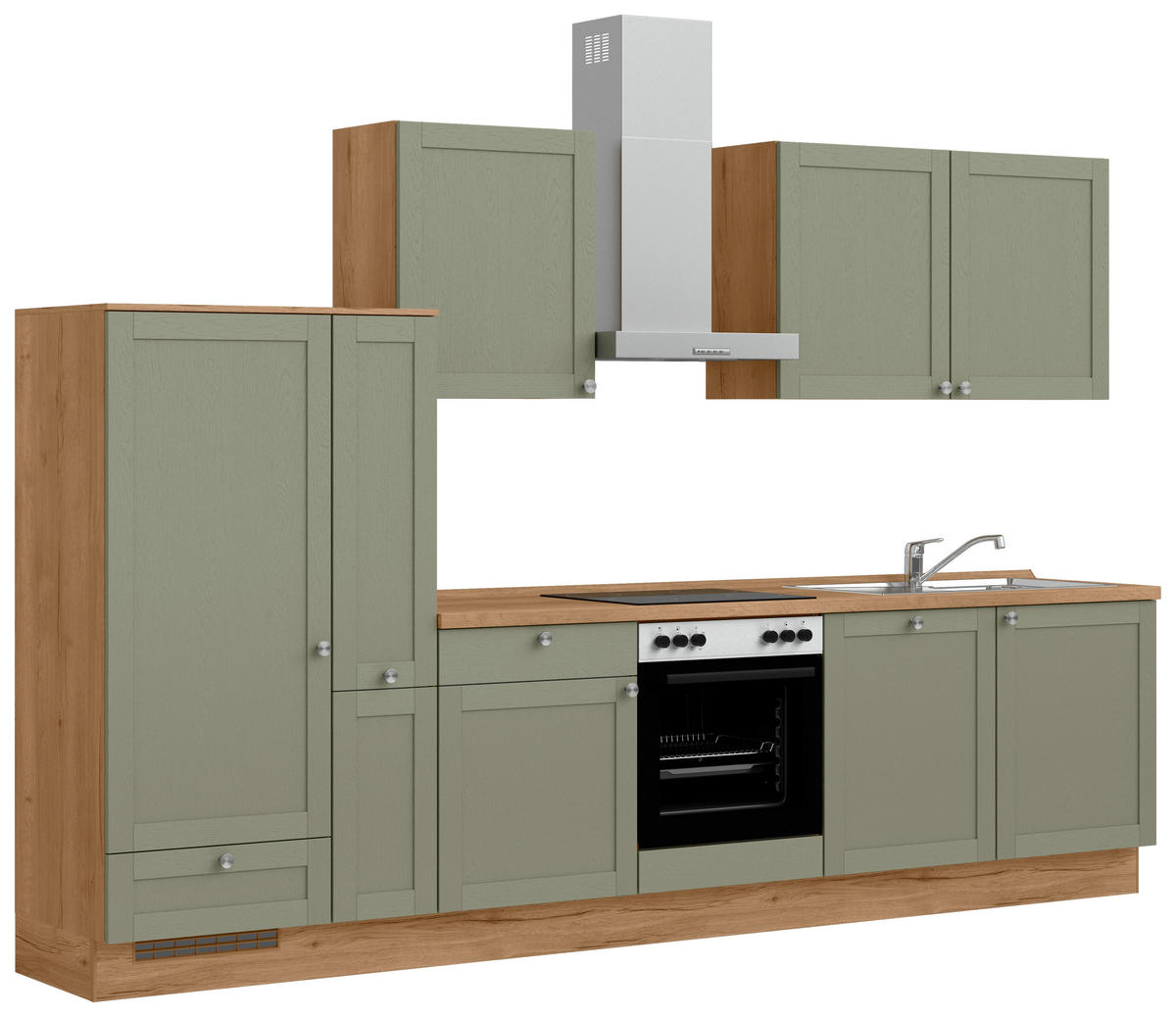 KÜCHENBLOCK Frame 330 cm  in Eichefarben, Olivgrün  - Edelstahlfarben/Eichefarben, MODERN, Holzwerkstoff/Metall (330cm) - Nobilia