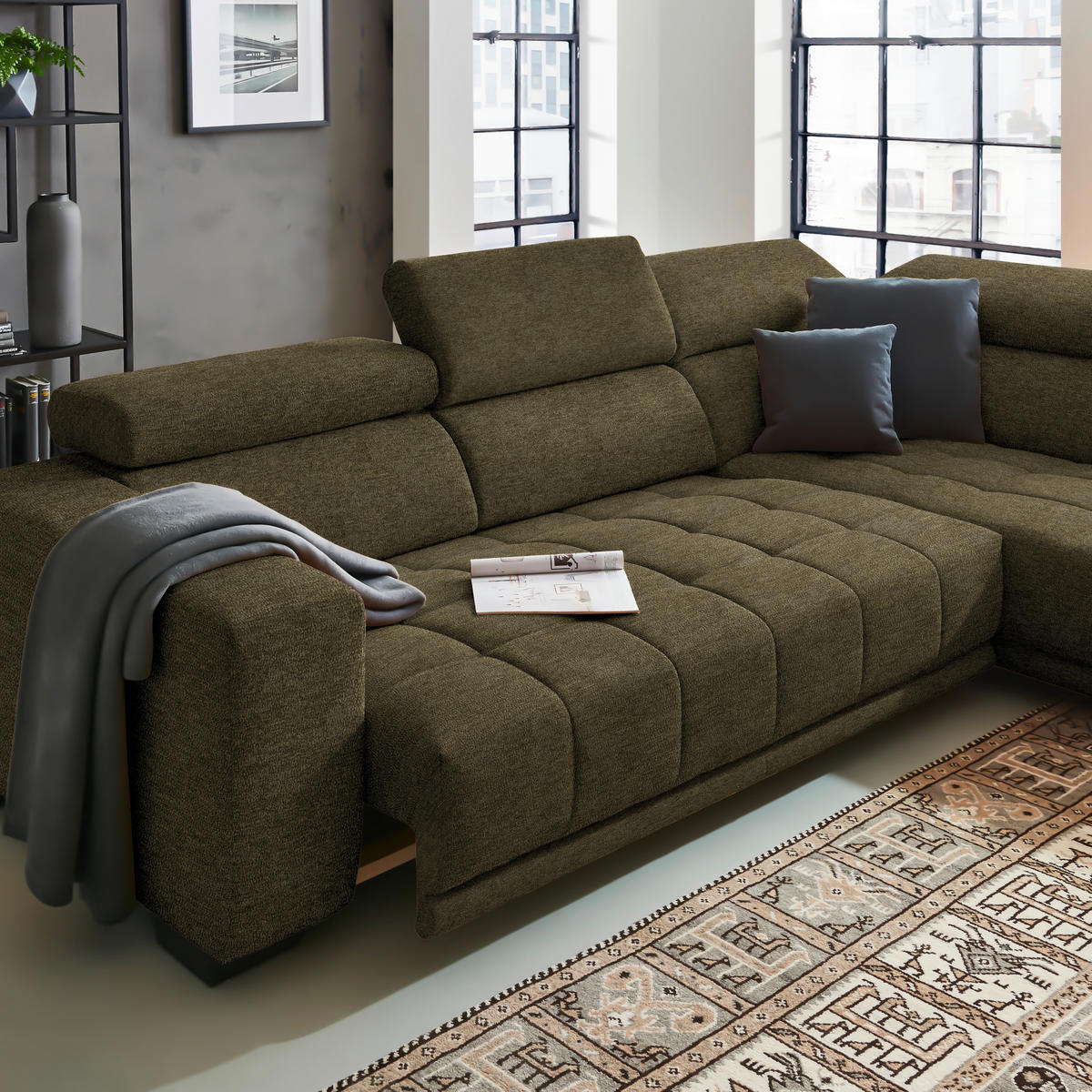 ECKSOFA Mikrofaser Dunkelgrün  - Dunkelgrün/Schwarz, Design, Textil/Metall (301/207cm) - Xora