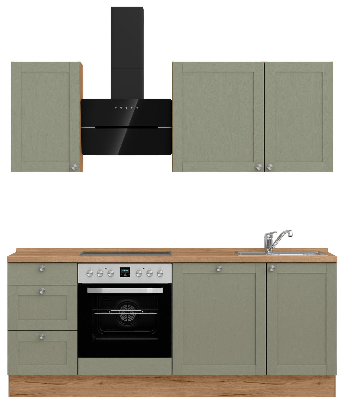 KÜCHENBLOCK Frame 210 cm  in Eichefarben, Olivgrün  - Edelstahlfarben/Eichefarben, MODERN, Holzwerkstoff/Metall (210cm) - Nobilia