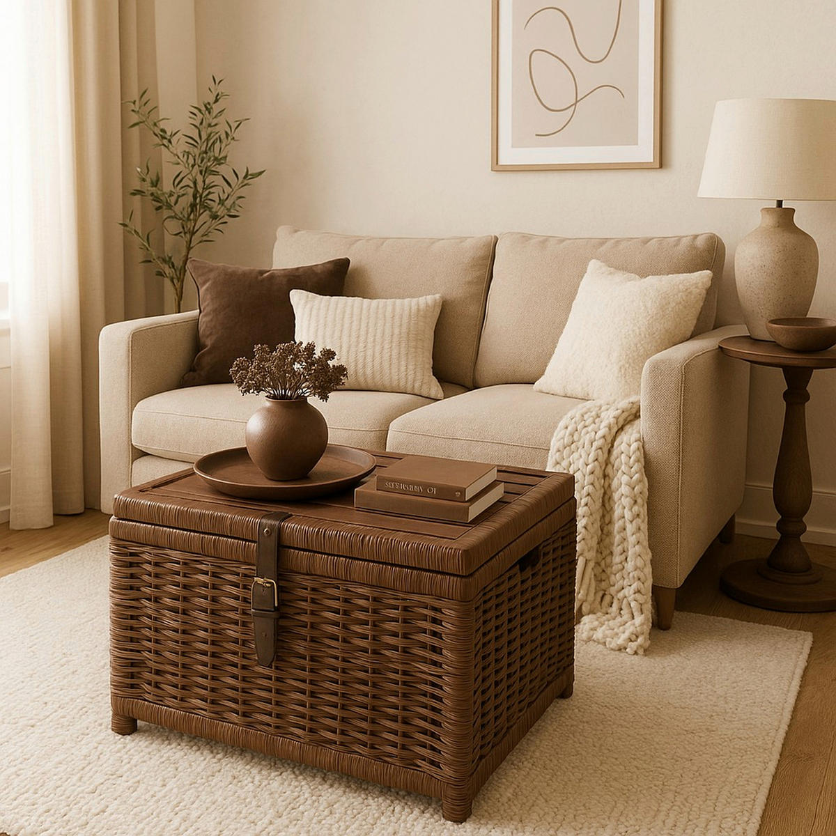 COUCHTISCH Pinie, Rattan massiv 45/58/44 cm rechteckig Weiß  - Weiß, Natur, Holz (45/58/44cm) - MID.YOU