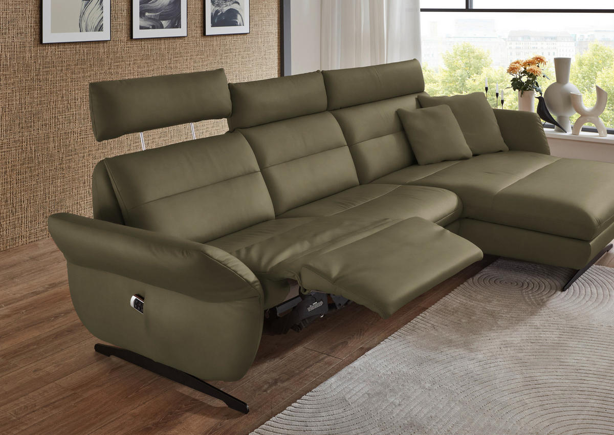 ECKSOFA in Echtleder Olivgrün  - Schwarz/Olivgrün, Design, Leder/Metall (300/157cm) - Dieter Knoll