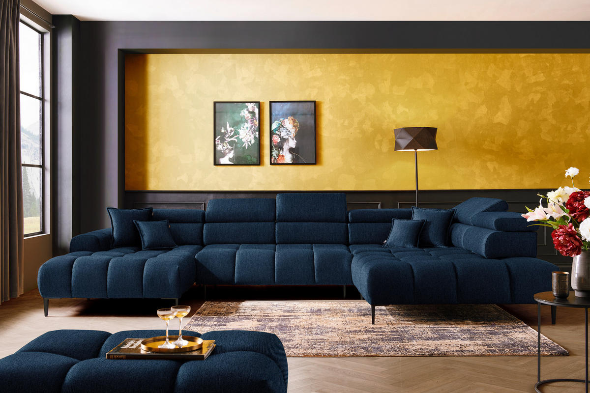 WOHNLANDSCHAFT in Webstoff Dunkelblau  - Schwarz/Dunkelblau, Design, Textil/Metall (177/385/216cm) - Welnova