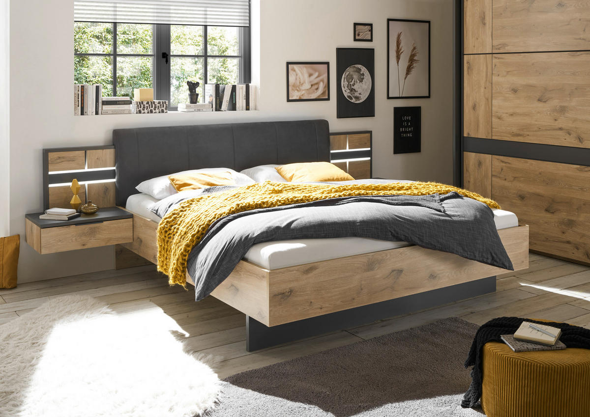 BETTANLAGE 180/200 cm  in Graphitfarben, Eichefarben   - Eichefarben/Graphitfarben, Konventionell, Holzwerkstoff/Textil (180/200cm) - Ti'me