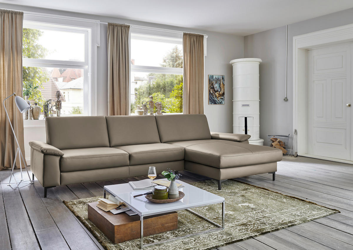 ECKSOFA in Echtleder Graubraun  - Graubraun/Schwarz, Design, Leder/Metall (334/176cm) - Dieter Knoll