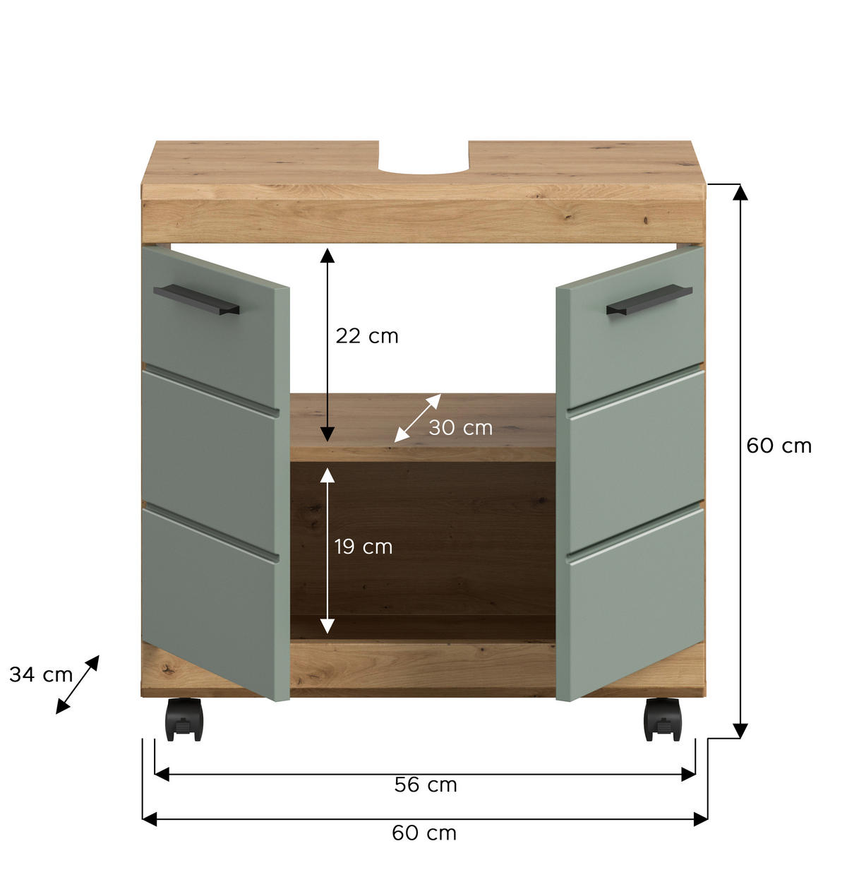 WASCHBECKENUNTERSCHRANK 60/60/34 cm  - Salbeigrün/Schwarz, Trend, Holzwerkstoff/Kunststoff (60/60/34cm) - MID.YOU