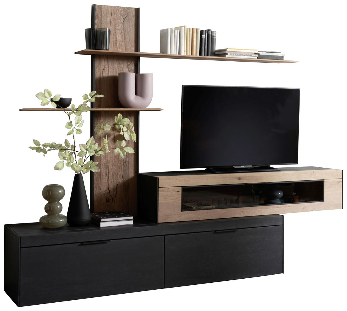 WOHNWAND YORIS  in Anthrazit, Eichefarben  300/205/49 cm  - Eichefarben/Anthrazit, KONVENTIONELL, Glas/Holz (300/205/49cm) - Schöner Wohnen