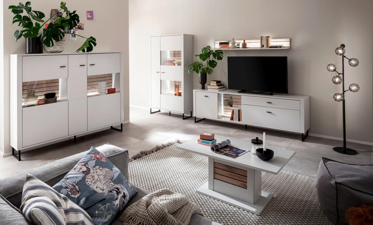 WOHNWAND  in Weiss, Eichefarben 326/185/44 cm  - Weiss/Eichefarben, Design, Glas/Holzwerkstoff (326/185/44cm) - Stylife