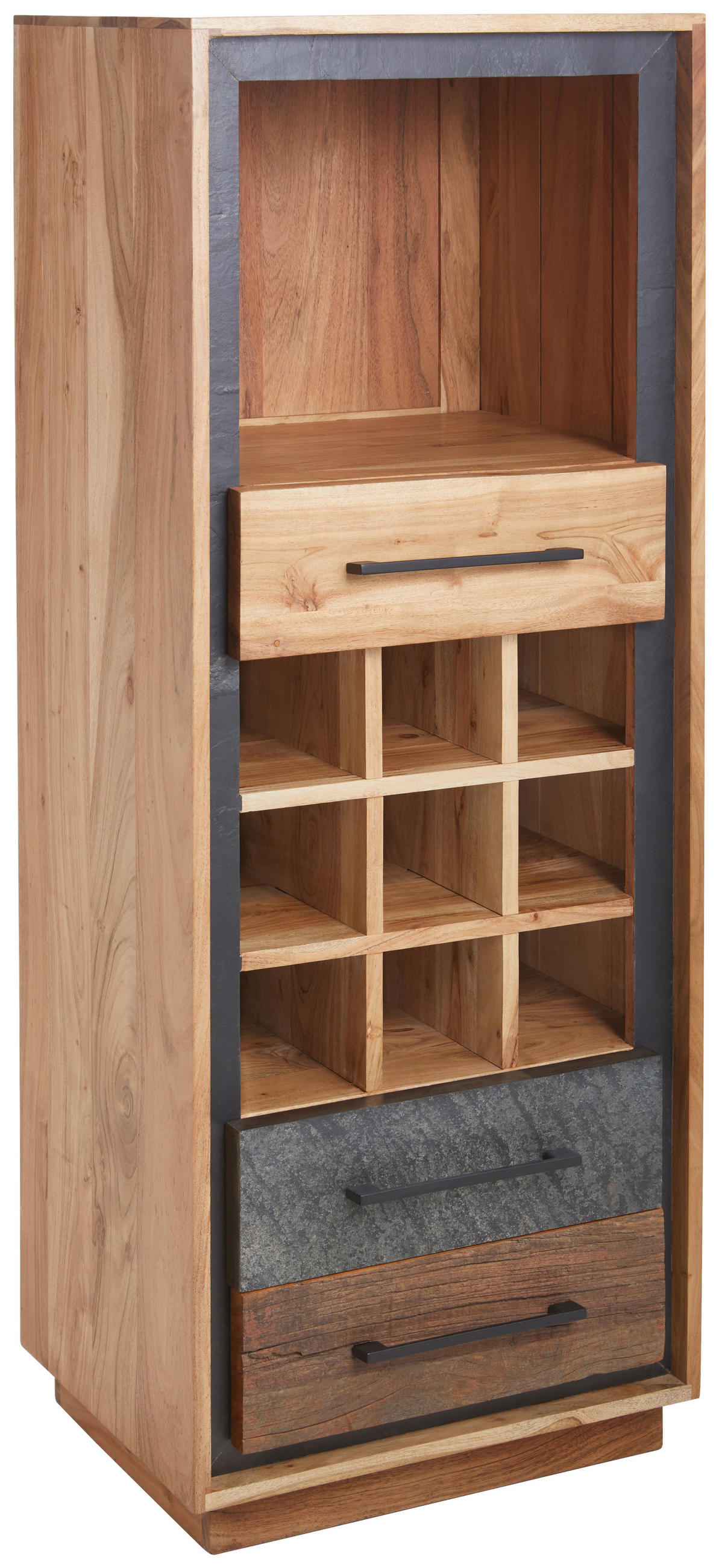 WEINREGAL Akazie, Recyclingholz furniert, massiv Braun, Akaziefarben, Dunkelgrau  - Dunkelgrau/Schwarz, Trend, Holz/Metall (50/130/40cm) - Landscape
