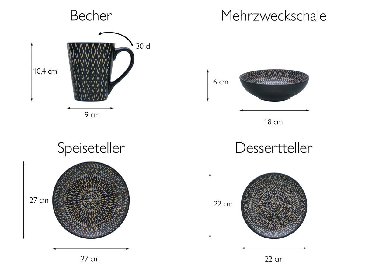 KOMBISERVICE 16-teilig  - Goldfarben/Schwarz, Trend, Keramik (34,00/32,00/33,00cm) - Creatable