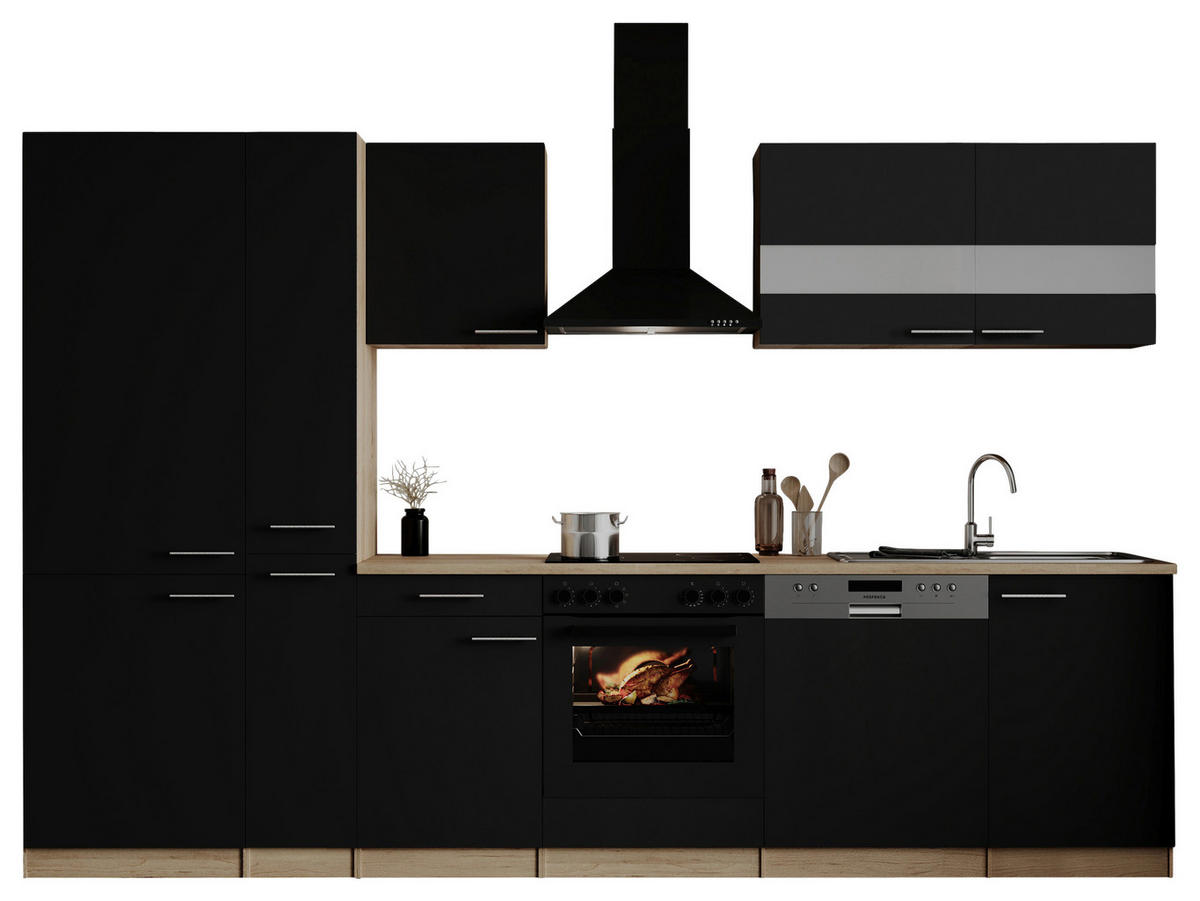 KÜCHENBLOCK 310 cm   in Schwarz  - Edelstahlfarben/Eichefarben, Basics, Holzwerkstoff/Metall (310cm) - Respekta