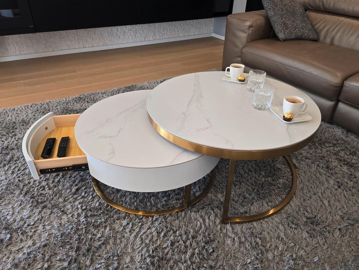 COUCHTISCHSET in Metall, Stein, Holzwerkstoff 70-80/70-80/31-39 cm  - Goldfarben/Weiß, Design, Holzwerkstoff/Stein (70-80/70-80/31-39cm) - Modante
