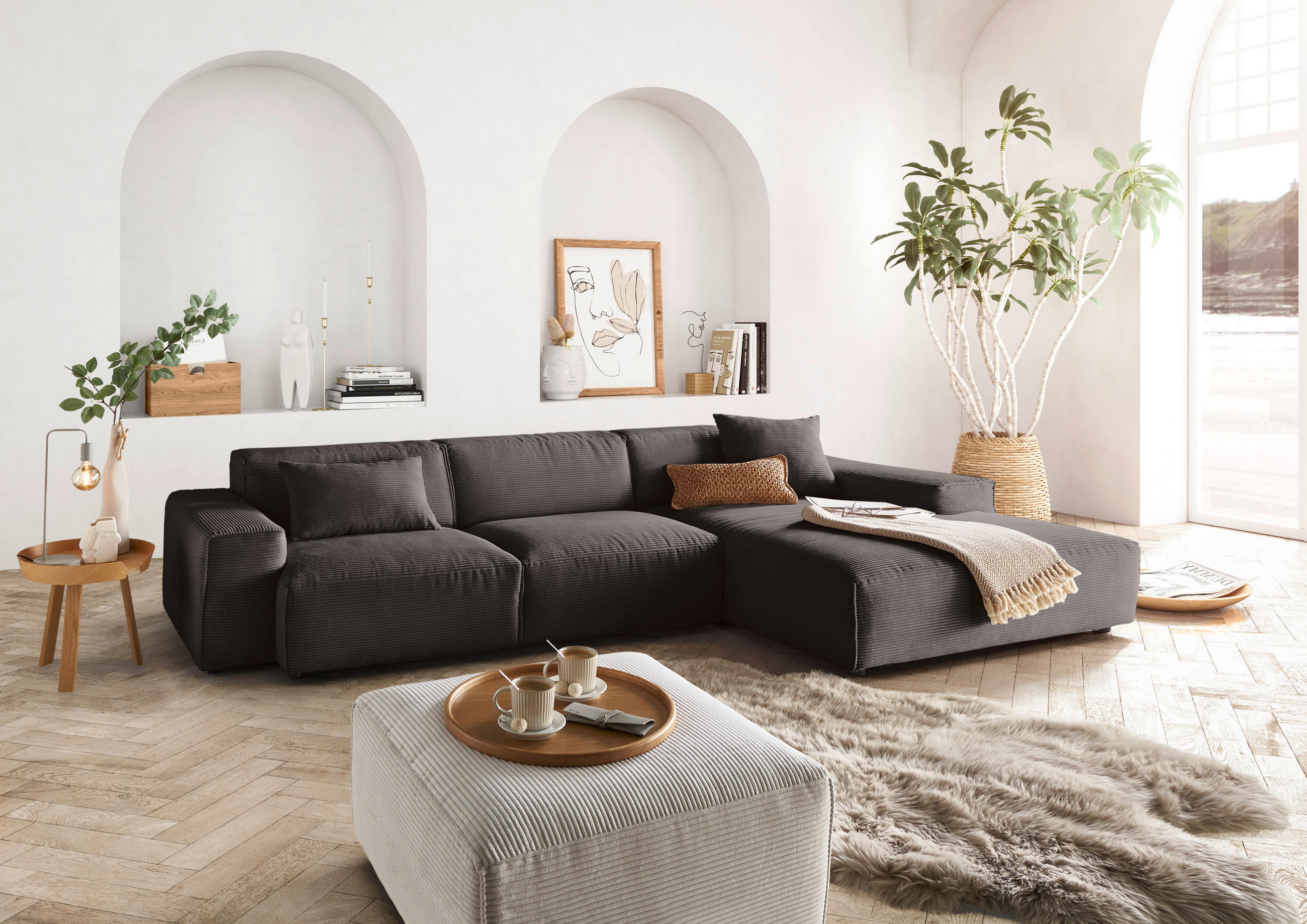 ECKSOFA in Cord Dunkelbraun, Mokka  - Dunkelbraun/Schwarz, Design, Kunststoff/Textil (300/189cm) - Pure Home Lifestyle