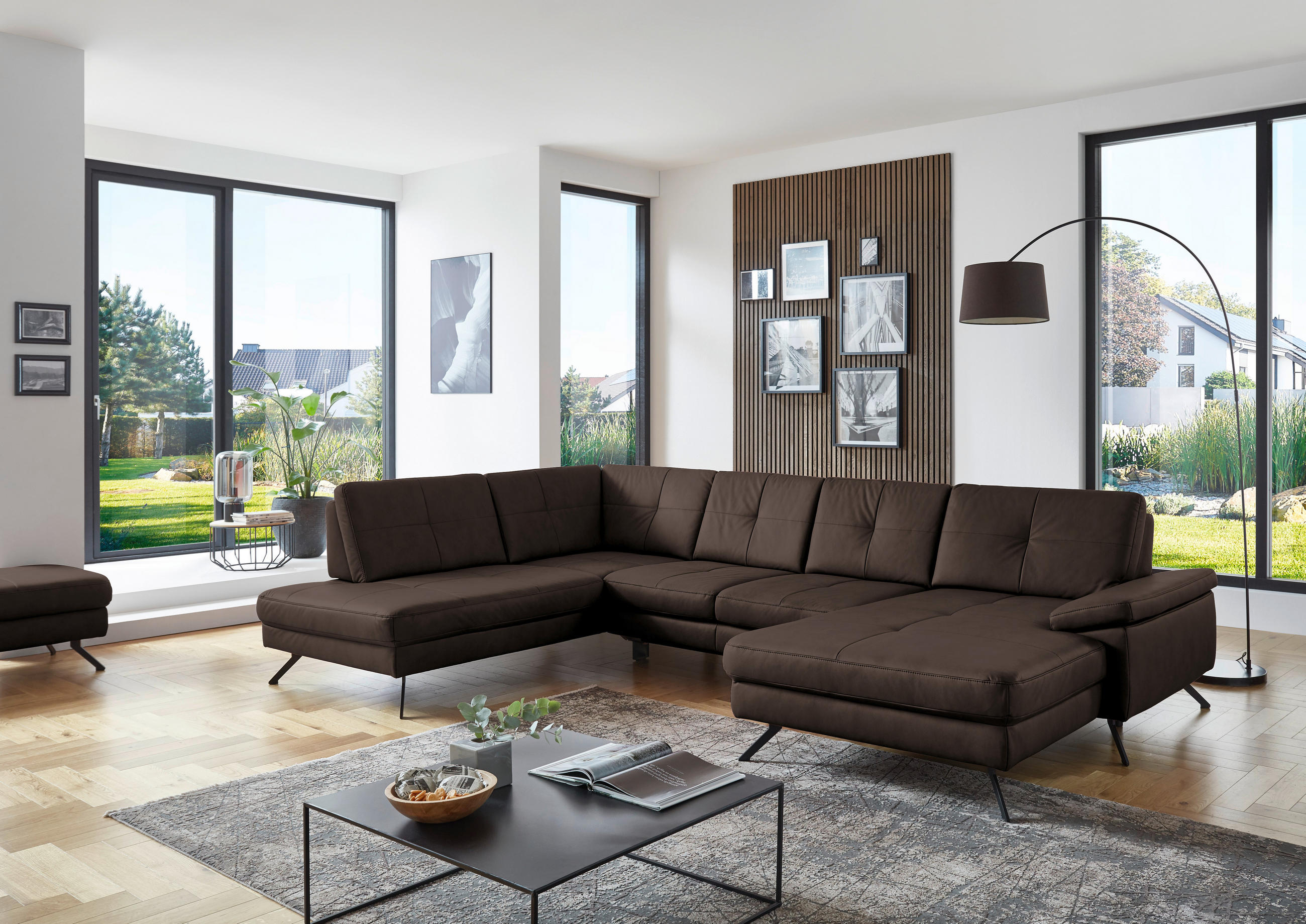 WOHNLANDSCHAFT in Lederlook, Mikrofaser Dunkelbraun  - Dunkelbraun/Schwarz, Design, Textil/Metall (220/345cm) - Beldomo System