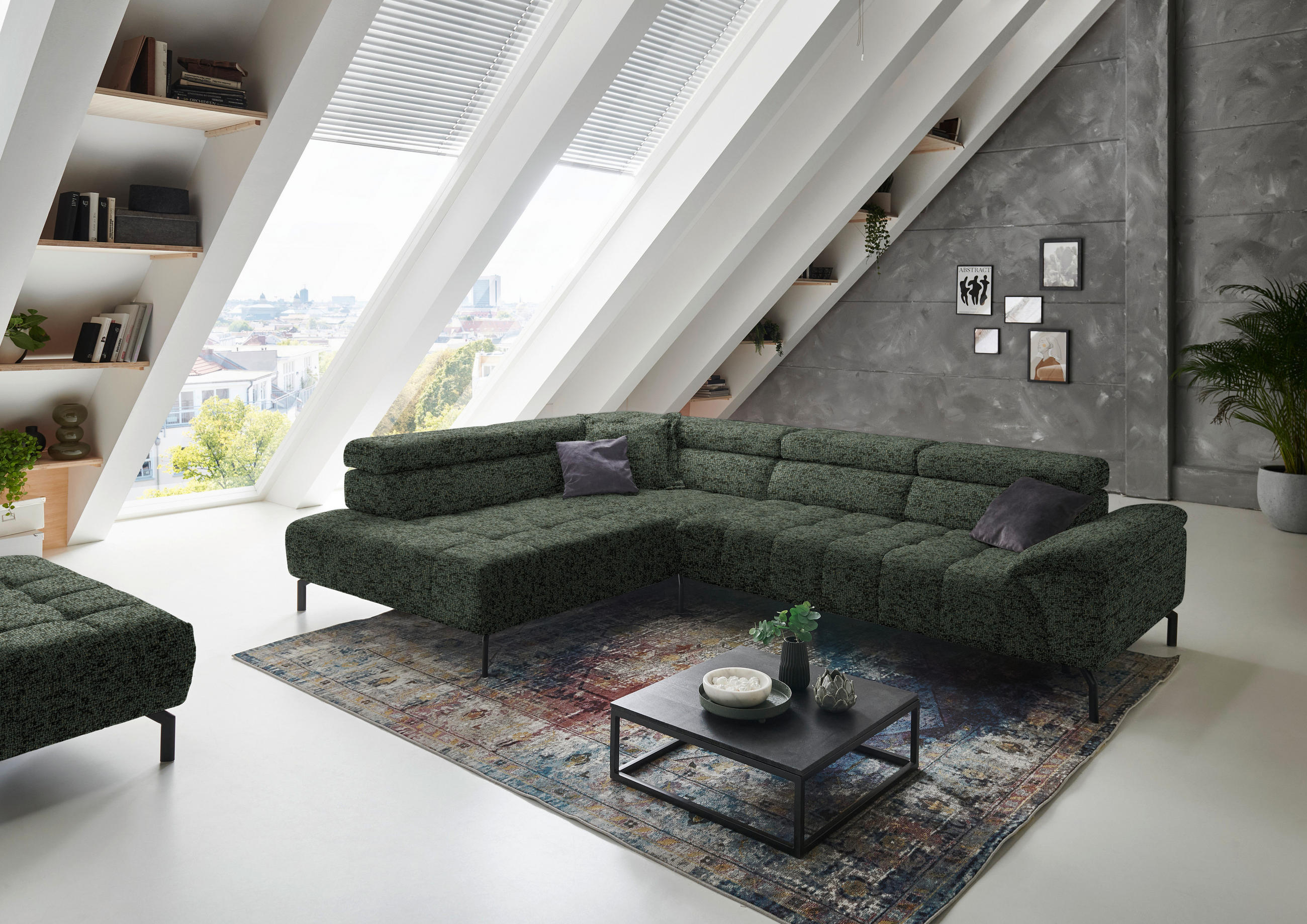 ECKSOFA in Chenille Grün  - Schwarz/Grün, Design, Textil/Metall (222/323cm) - Beldomo Style
