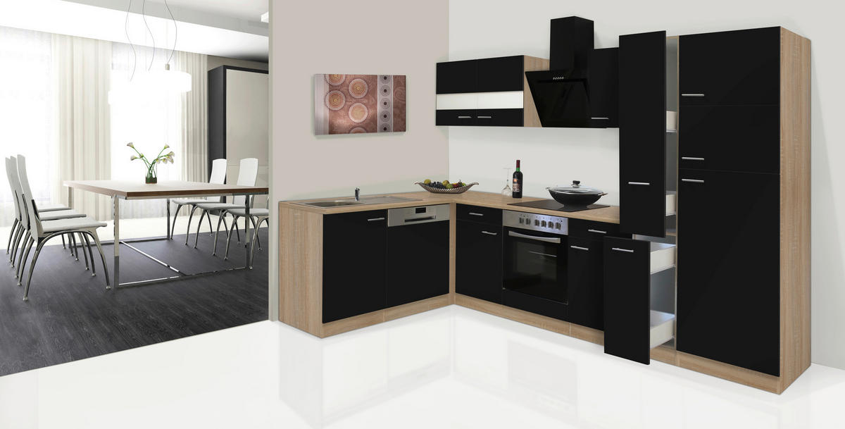 ECKKÜCHE 172/310 cm  in Schwarz, Eichefarben  - Eichefarben/Schwarz, Basics, Glas/Holzwerkstoff (172/310cm) - Respekta