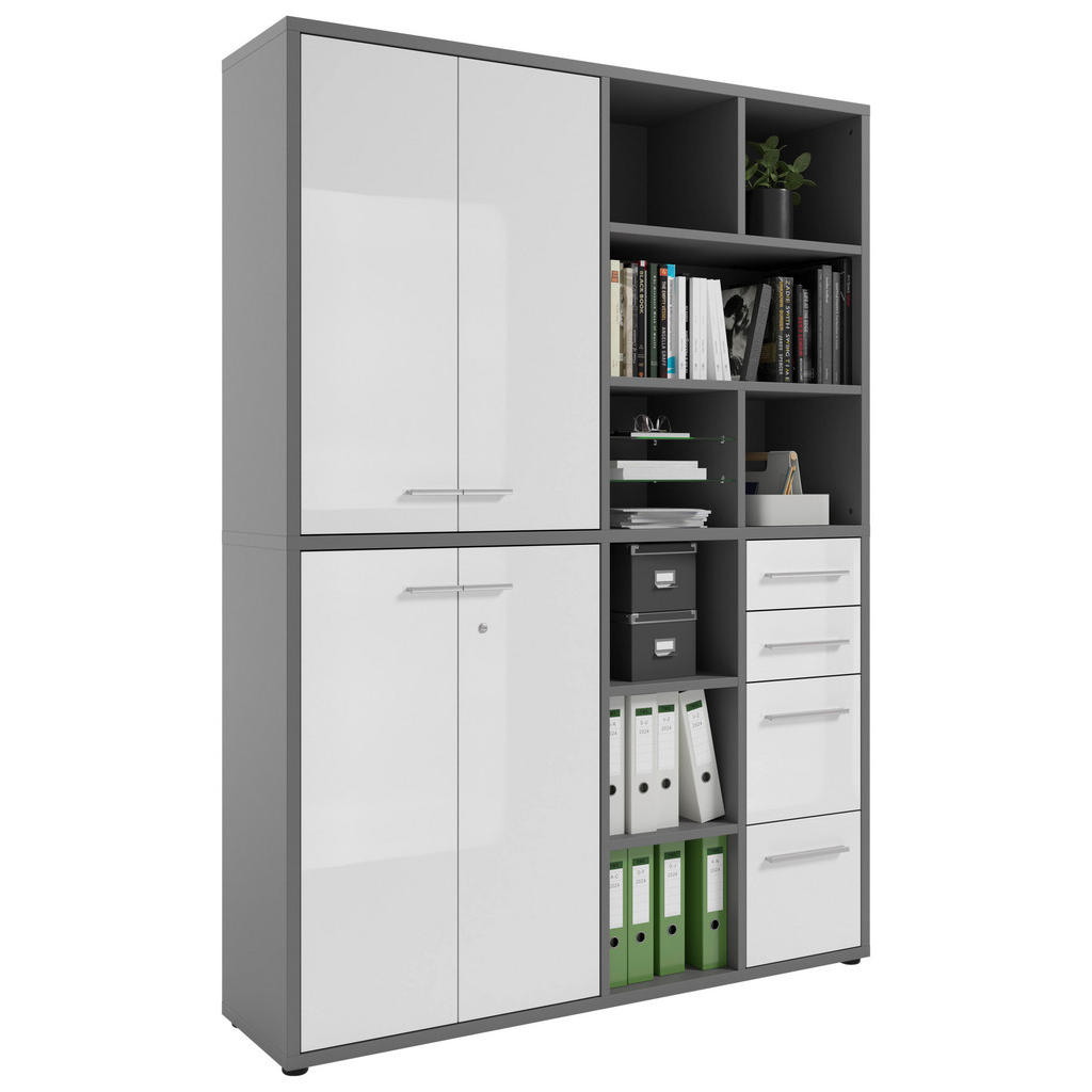 Thumbnail - Novel Aktenschrank Texas, Grau, Weiß, Glas, Holzwerkstoff, 10 Fächer, 4 Schublade(n) Schubladen, 154.9x215.4x40 cm, Beim...