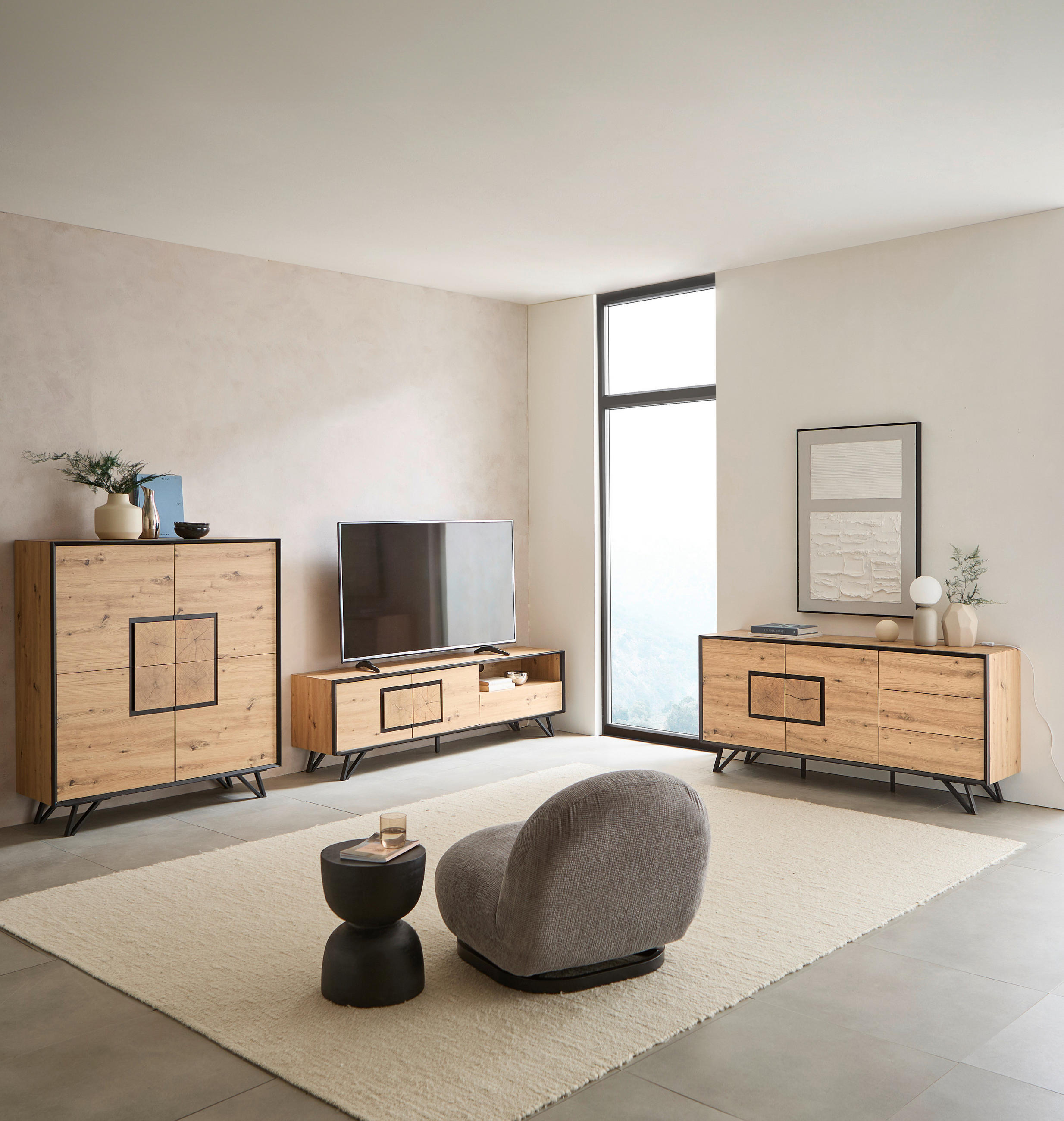 SIDEBOARD  in 160/75/40 cm  - Eichefarben/Schwarz, Holzwerkstoff/Metall (160/75/40cm) - Xora