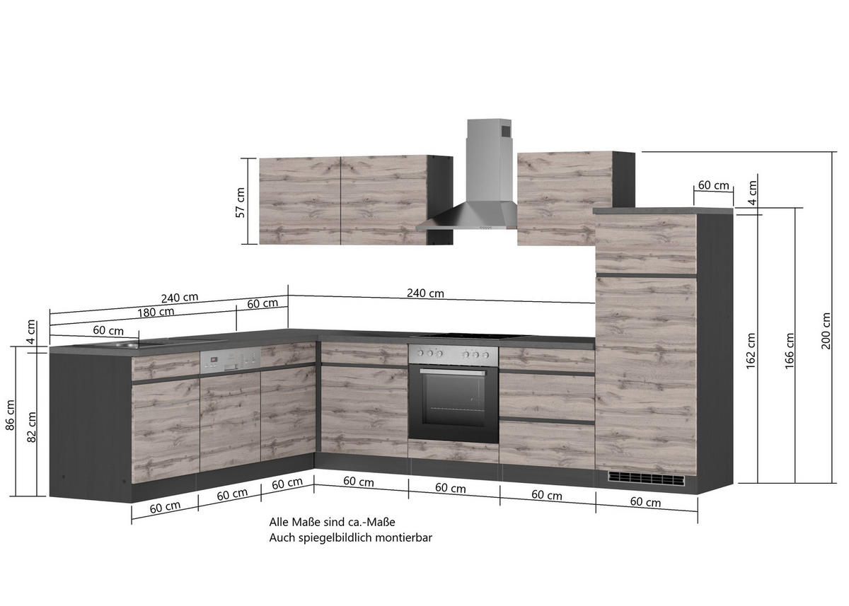 Eckküche Turin mit Geräten 240/300 cm  in Graphitfarben, Eiche Wotan  - Eiche Wotan/Graphitfarben, Design, Holzwerkstoff (240/300cm) - Held