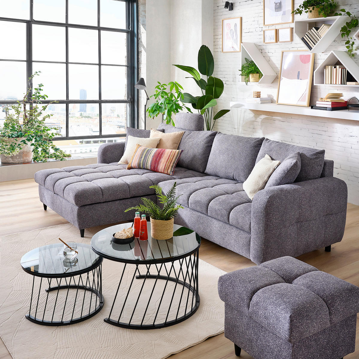 ECKSOFA in Velours Grau  - Schwarz/Grau, MODERN, Holz/Textil (282/184cm) - Lomoco