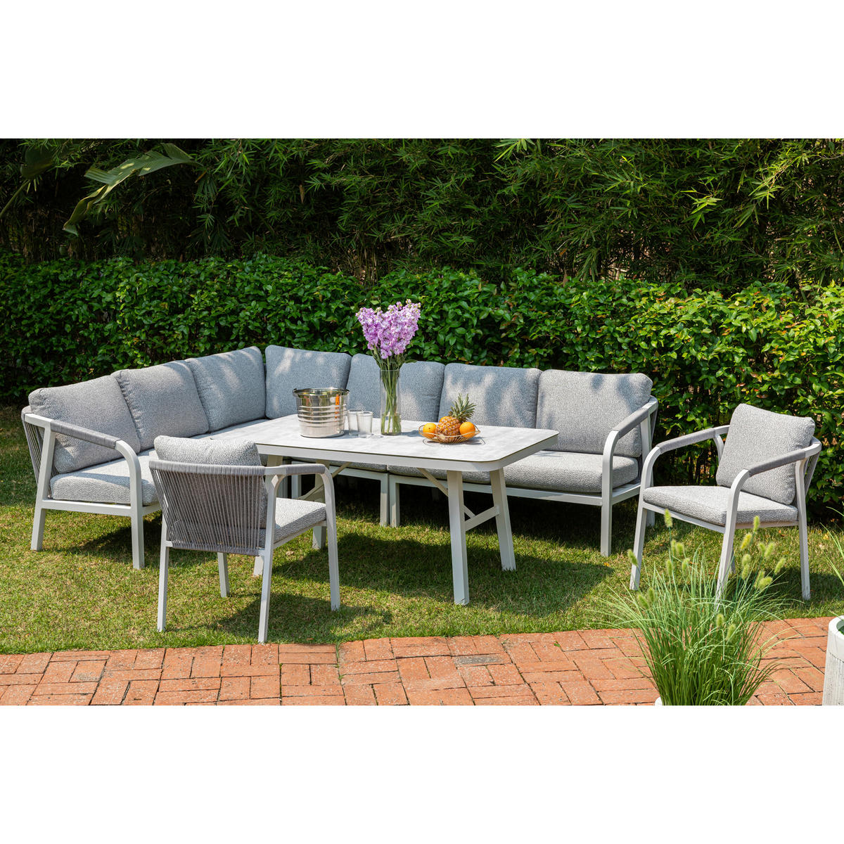 DINING-LOUNGESET  - Weiß/Grau, MODERN, Glas/Textil - Gardenson
