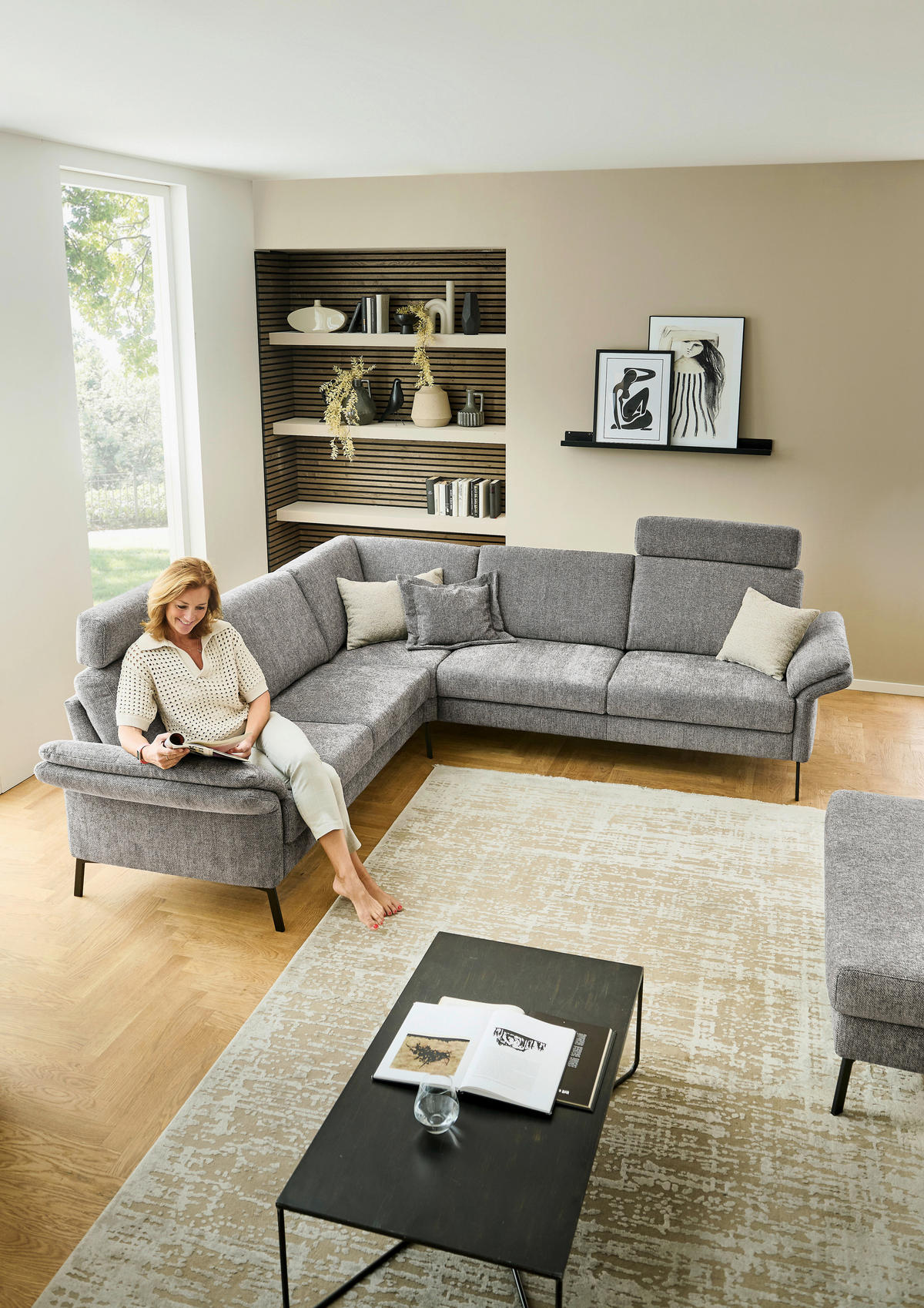 ECKSOFA Platinfarben Flachgewebe  - Platinfarben/Schwarz, KONVENTIONELL, Textil/Metall (253/273cm) - Pure Home Comfort