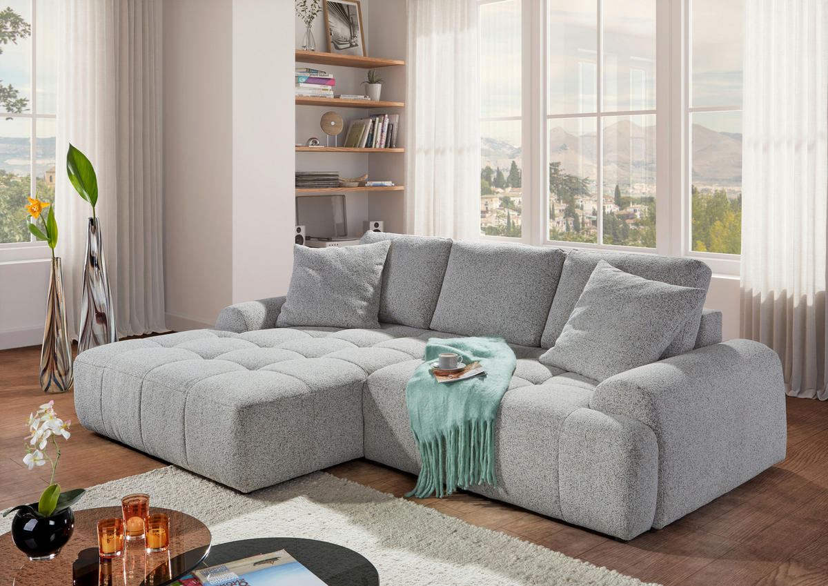 Ecksofa mit Funktion Greige Flachgewebe Zierkissen, Rückenkissen, Bettkasten, Schlaffunktion, Rücken echt, Liegefläche im Originalstoff  - Greige/Schwarz, KONVENTIONELL, Kunststoff/Textil (190/277cm) - Carryhome