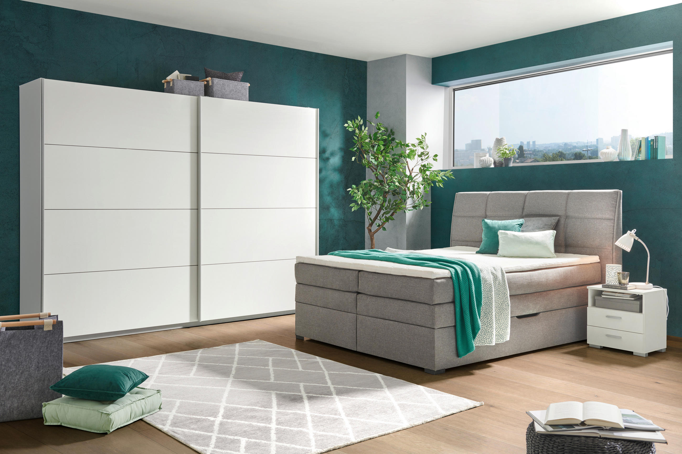 SCHIEBETÜRENSCHRANK in Weiss - Weiss/Eichefarben, Design, Holzwerkstoff/Metall (270/210/61cm) - Ti'me